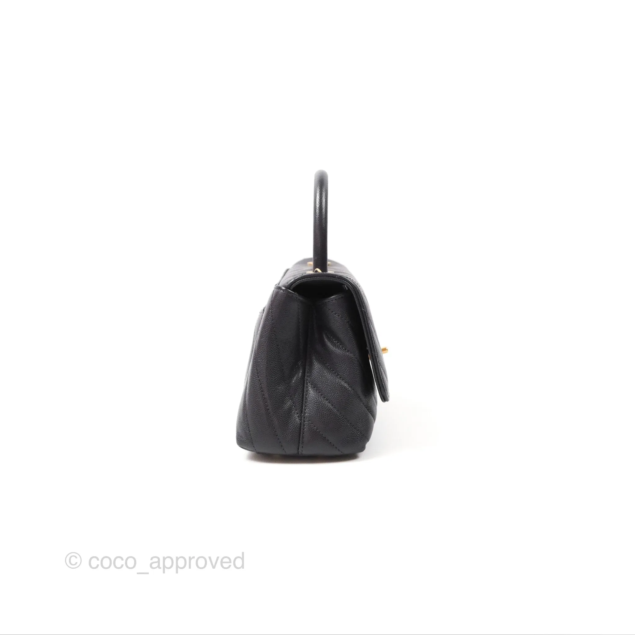 Chanel Small Coco Handle Chevron Dark Grey Caviar Aged Gold Hardware
