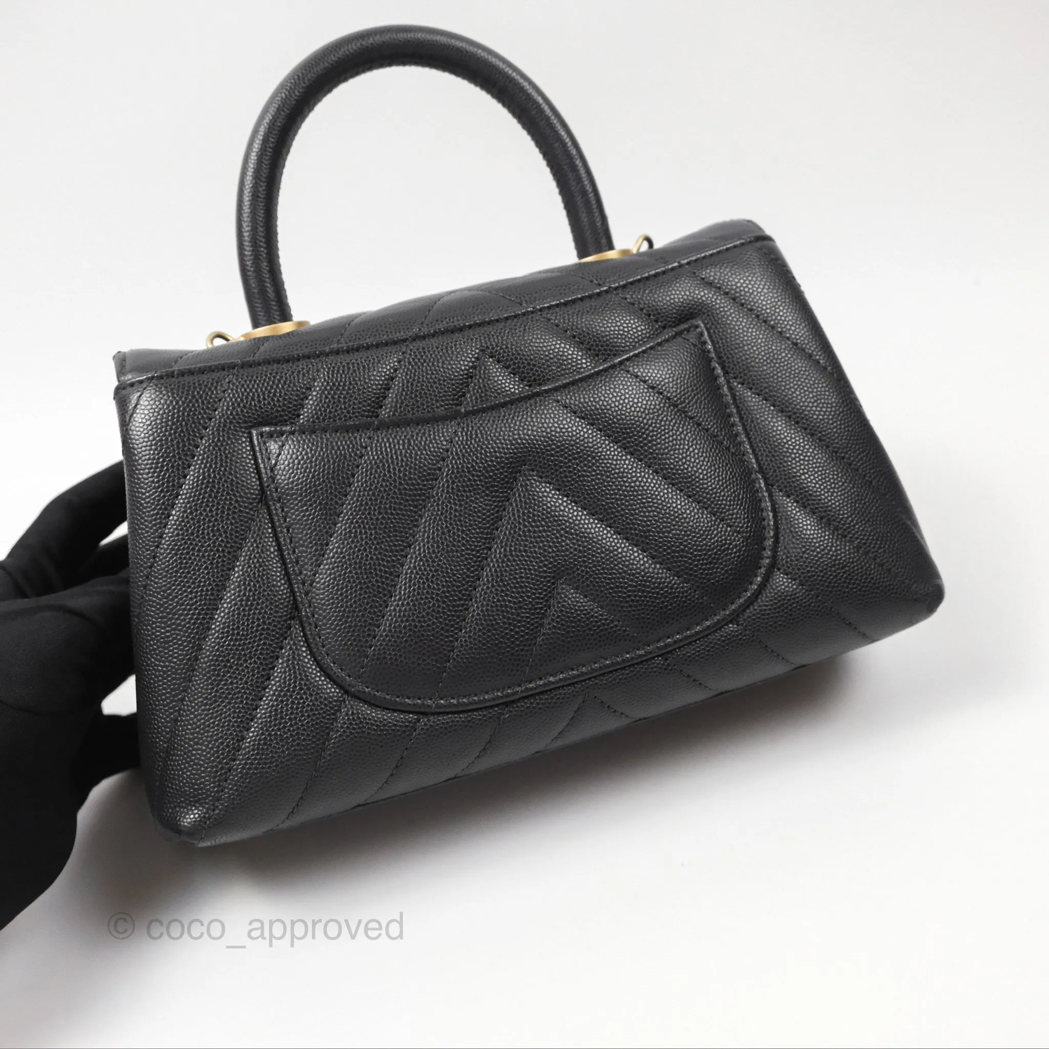 Chanel Small Coco Handle Chevron Dark Grey Caviar Aged Gold Hardware