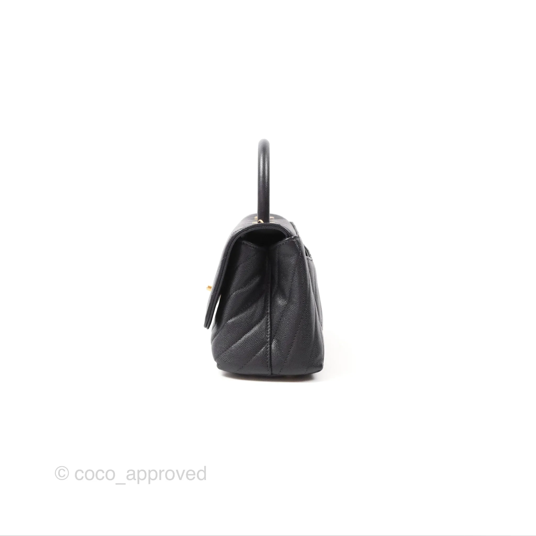 Chanel Small Coco Handle Chevron Dark Grey Caviar Aged Gold Hardware
