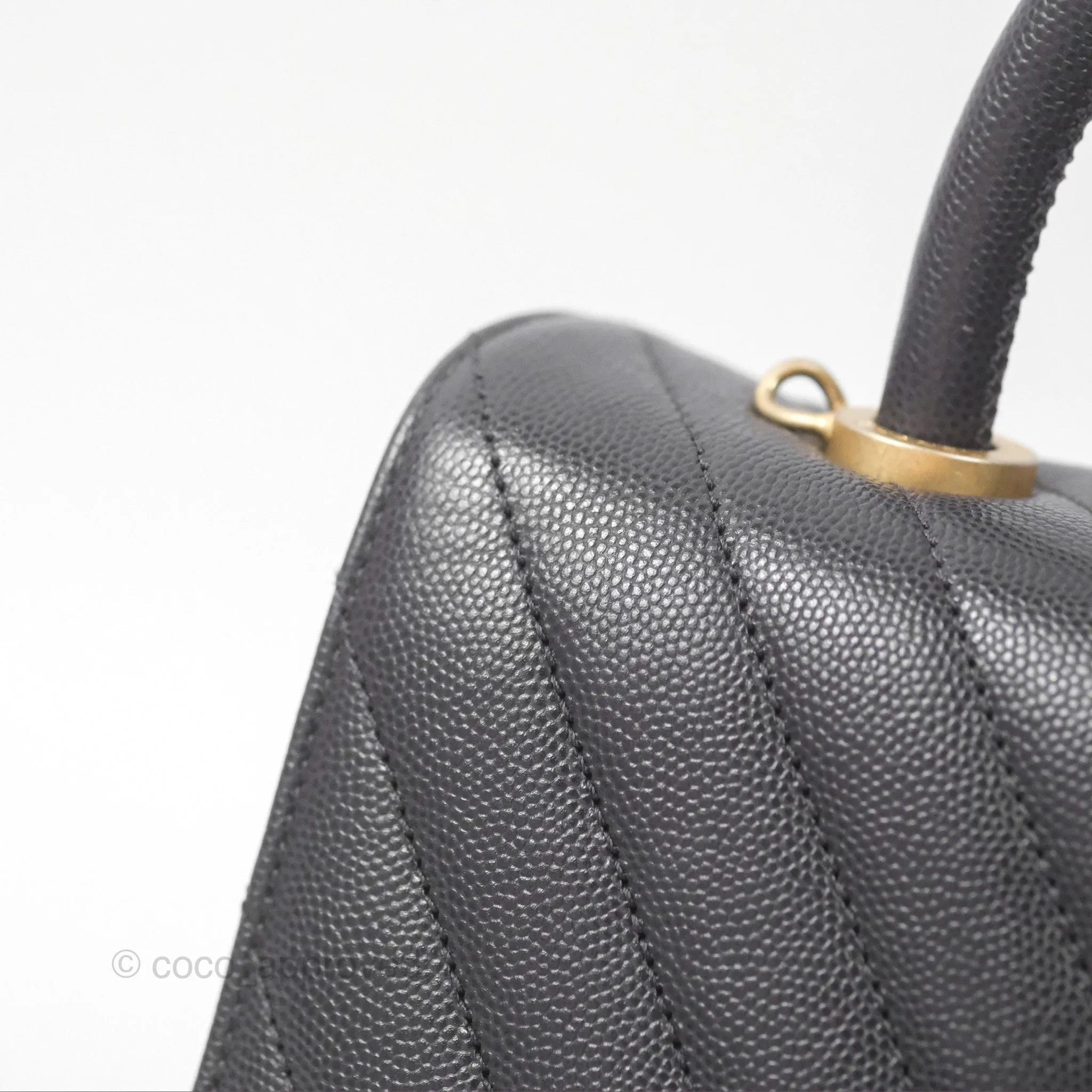 Chanel Small Coco Handle Chevron Dark Grey Caviar Aged Gold Hardware