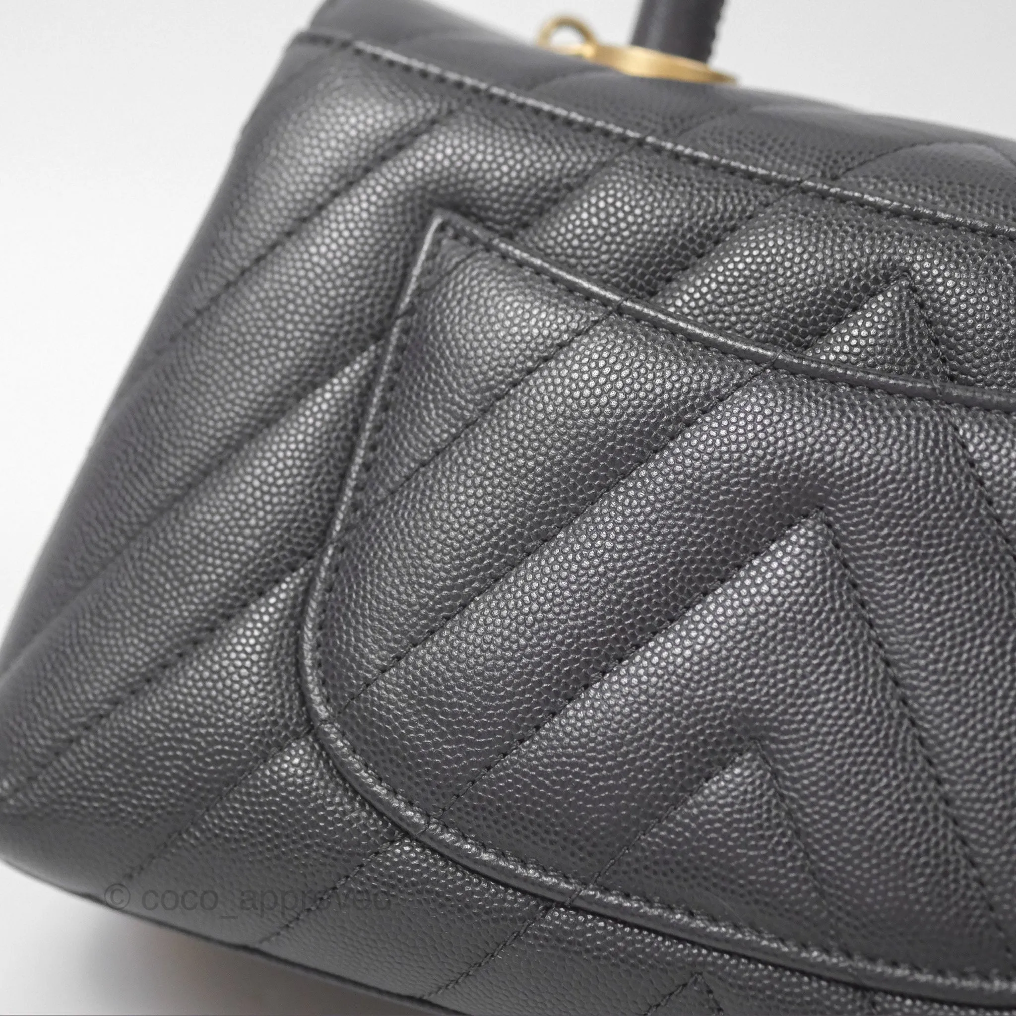 Chanel Small Coco Handle Chevron Dark Grey Caviar Aged Gold Hardware