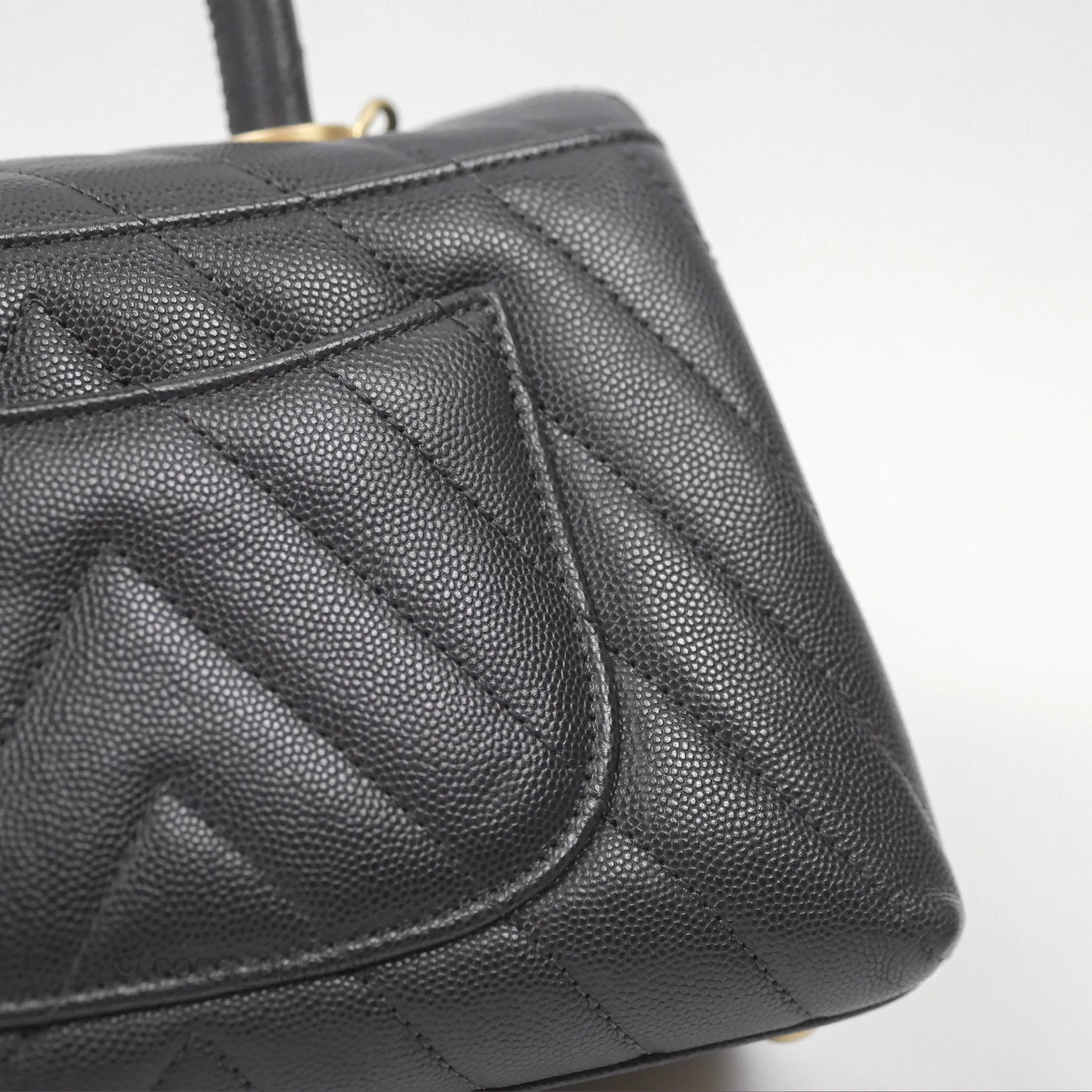 Chanel Small Coco Handle Chevron Dark Grey Caviar Aged Gold Hardware