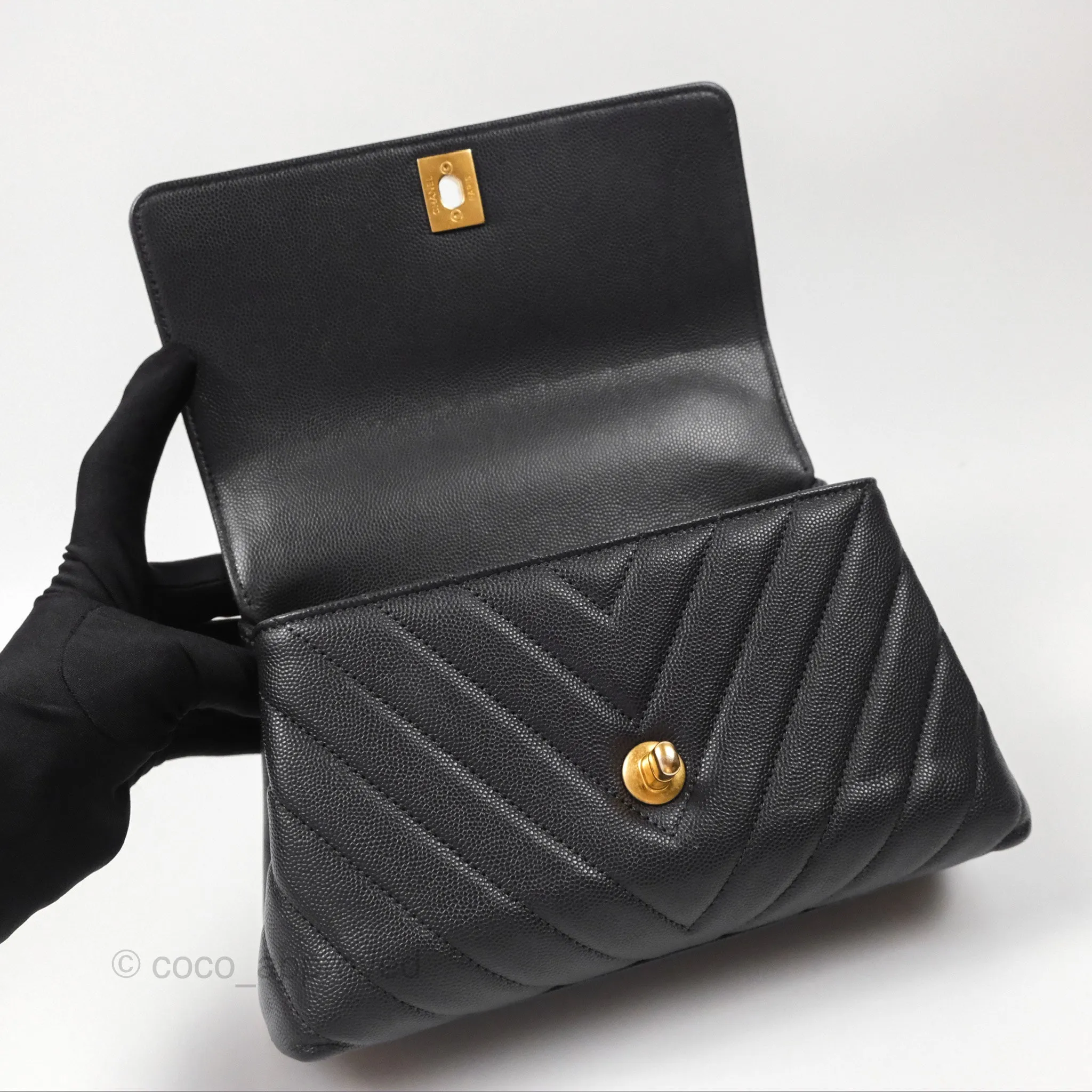 Chanel Small Coco Handle Chevron Dark Grey Caviar Aged Gold Hardware