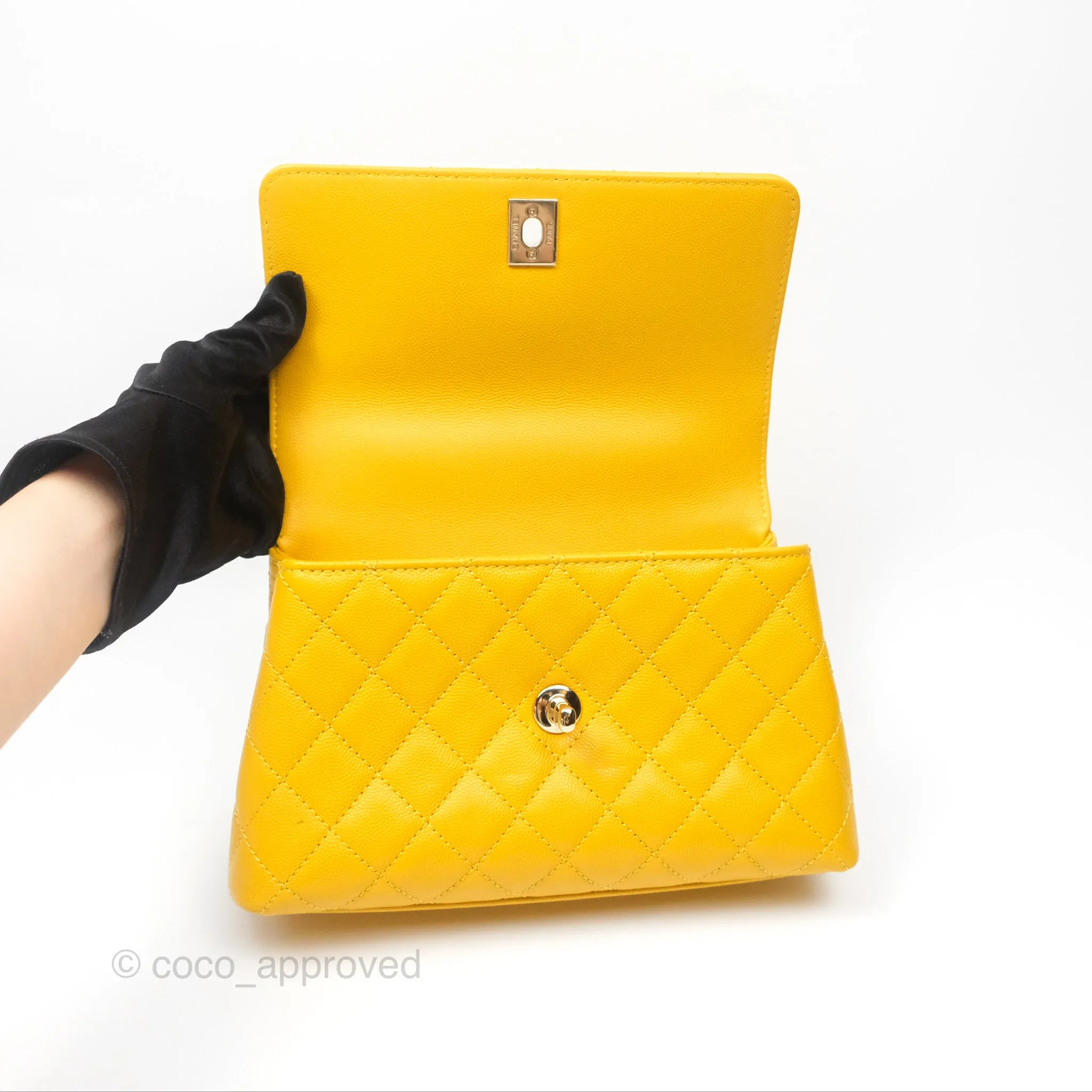 Chanel Small Coco Handle Mustard Yellow Caviar Gold Hardware