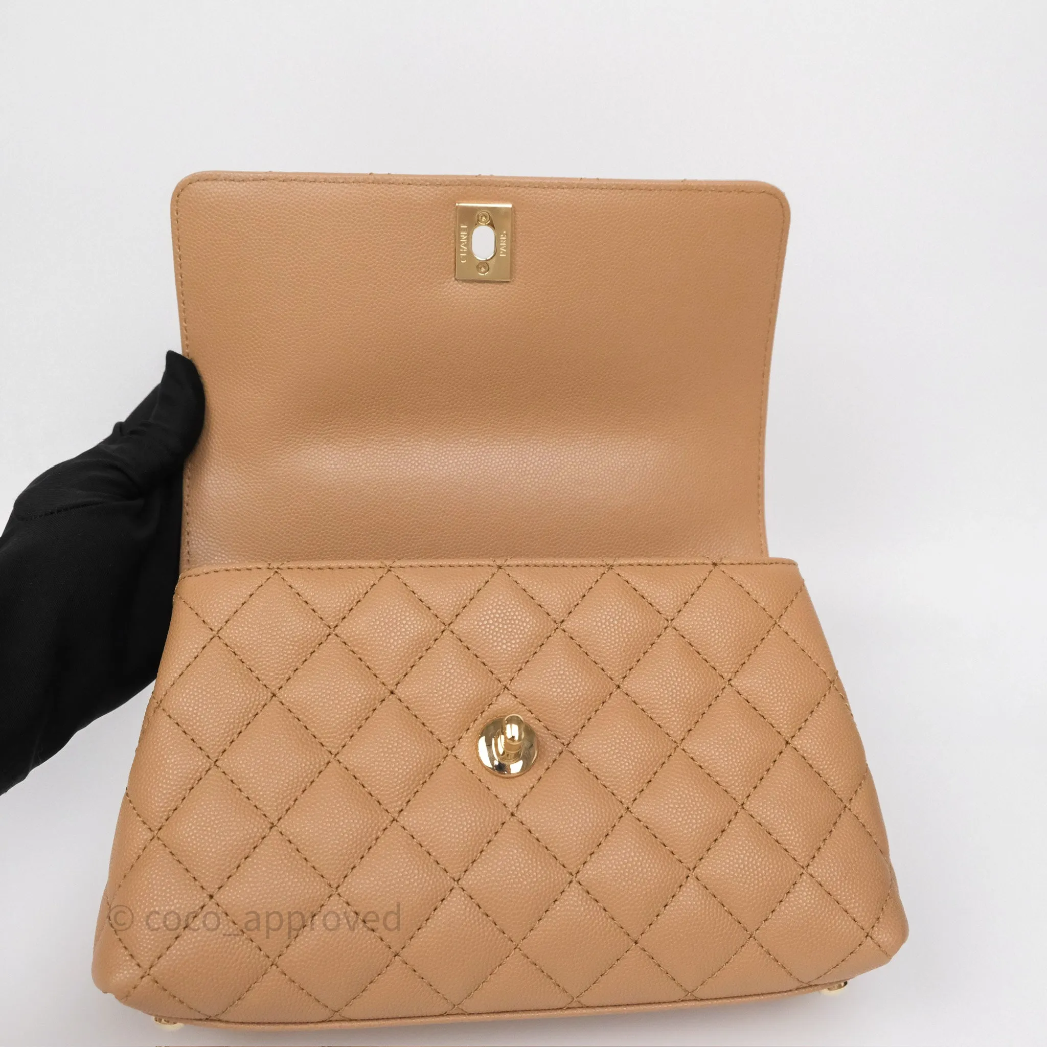 Chanel Small Coco Handle Quilted Beige Caviar Gold Hardware
