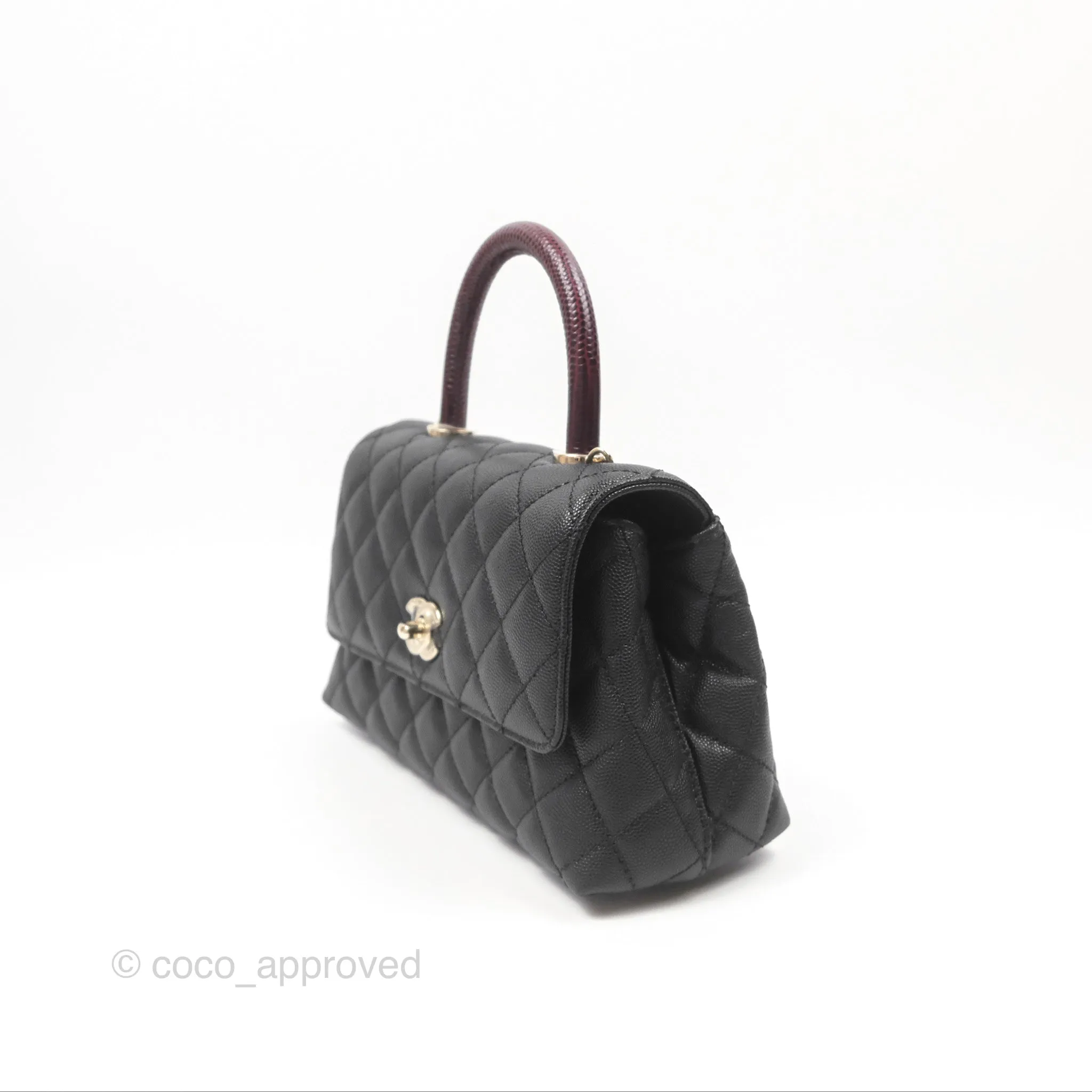 Chanel Small Coco Handle Quilted Black Caviar Gold Hardware Embossed Lizard Handle