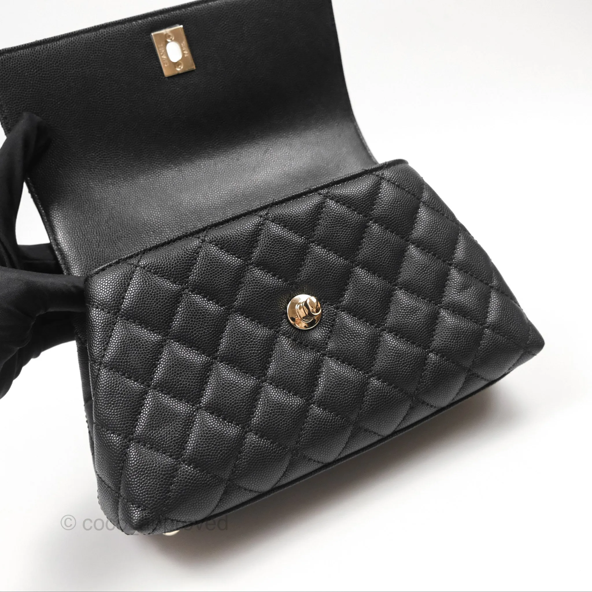 Chanel Small Coco Handle Quilted Black Caviar Gold Hardware Embossed Lizard Handle
