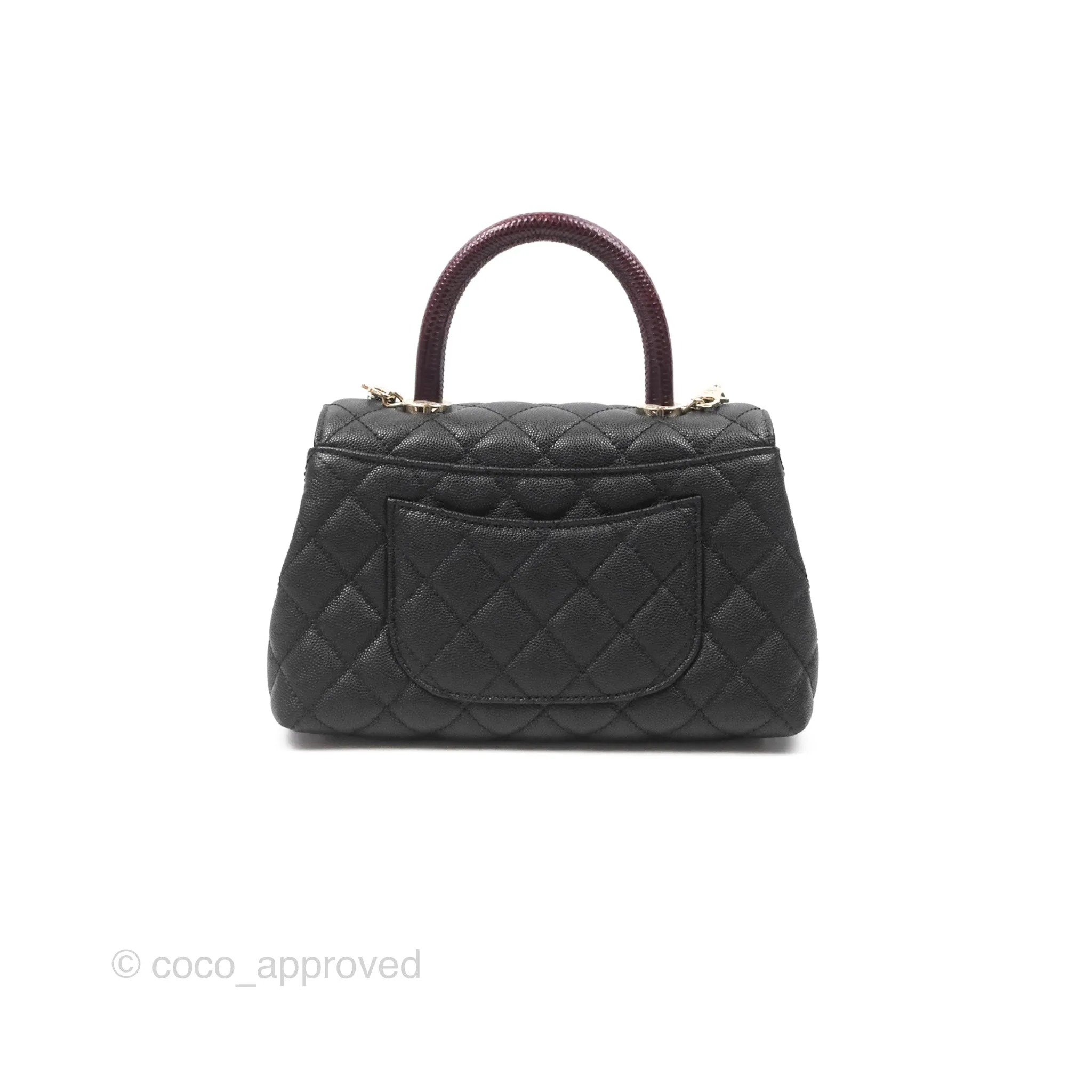 Chanel Small Coco Handle Quilted Black Caviar Gold Hardware Embossed Lizard Handle