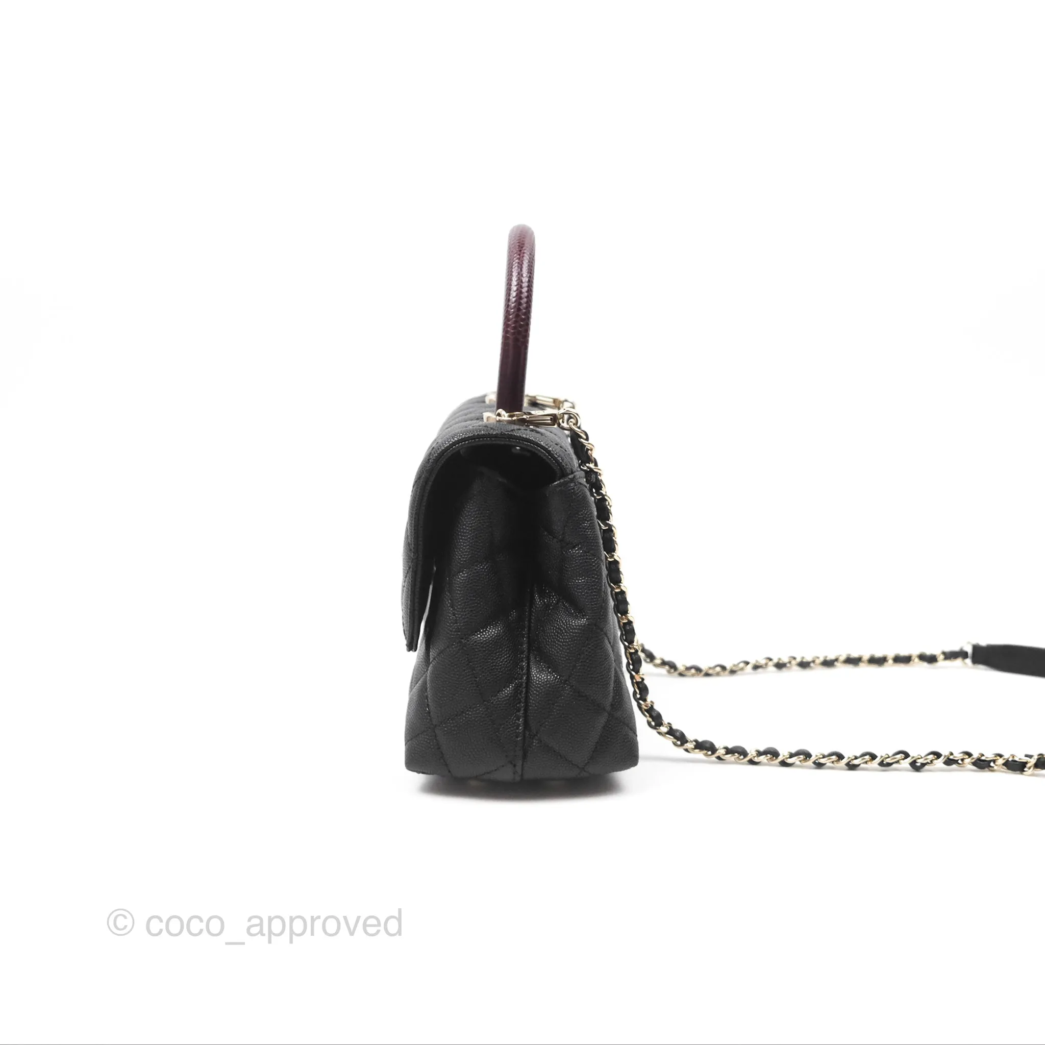 Chanel Small Coco Handle Quilted Black Caviar Gold Hardware Embossed Lizard Handle