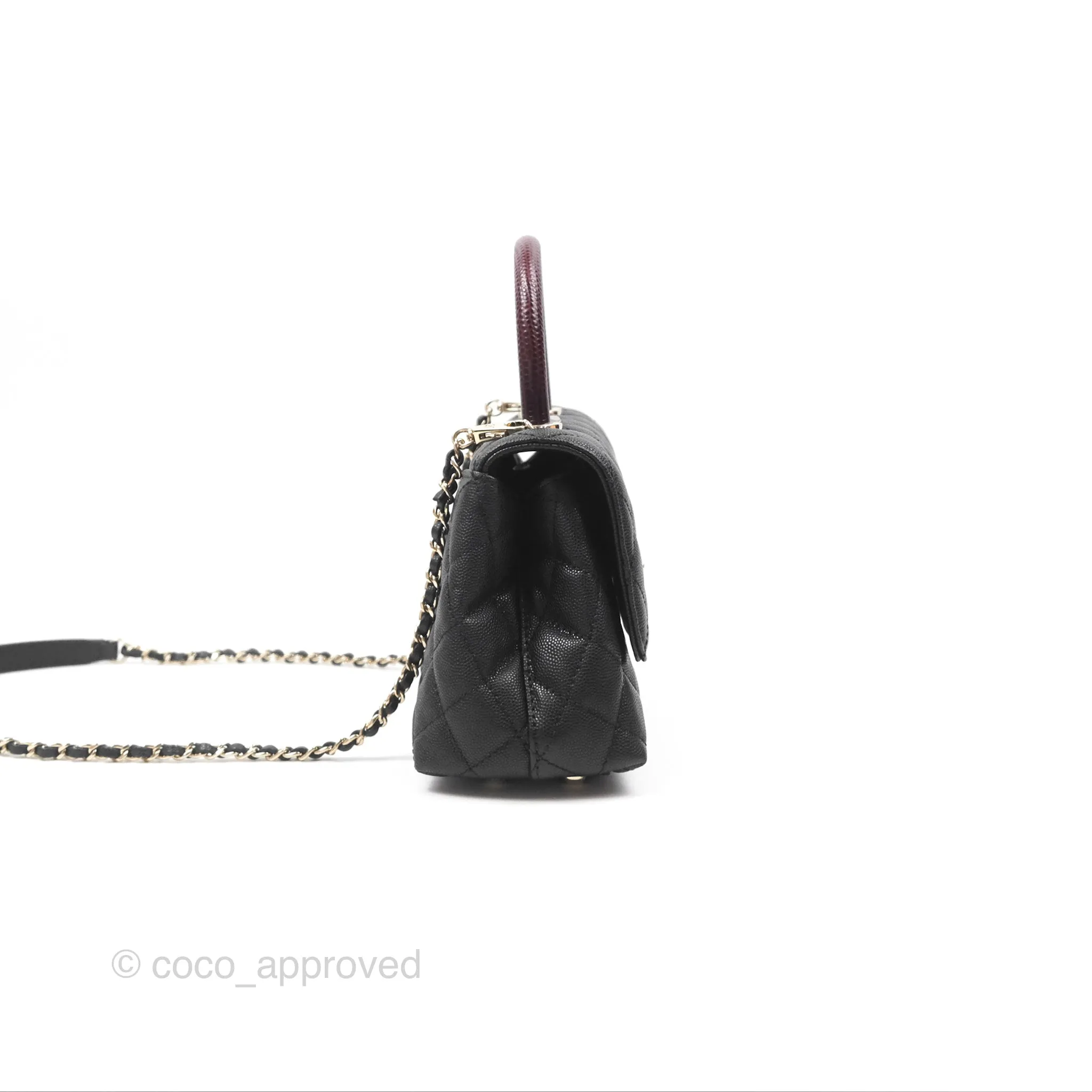 Chanel Small Coco Handle Quilted Black Caviar Gold Hardware Embossed Lizard Handle