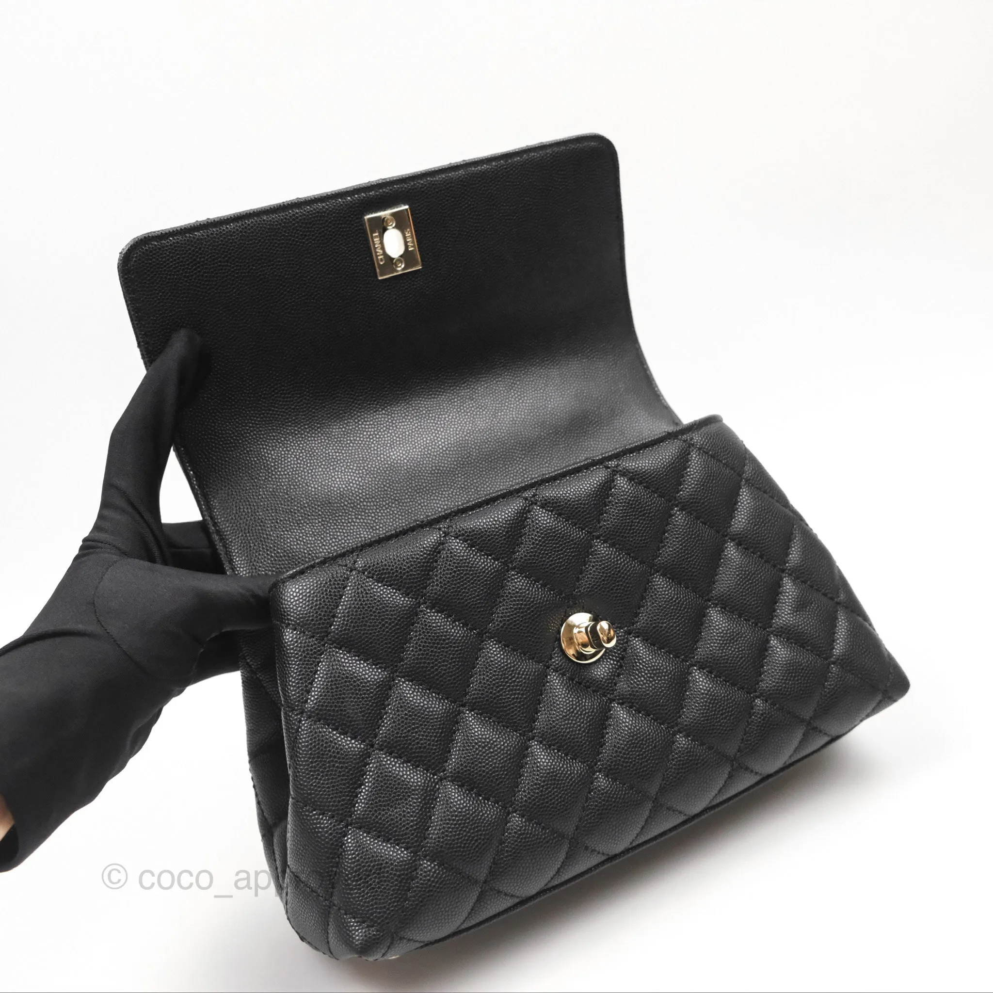 Chanel Small Coco Handle Quilted Black Caviar Gold Hardware Embossed Lizard Handle
