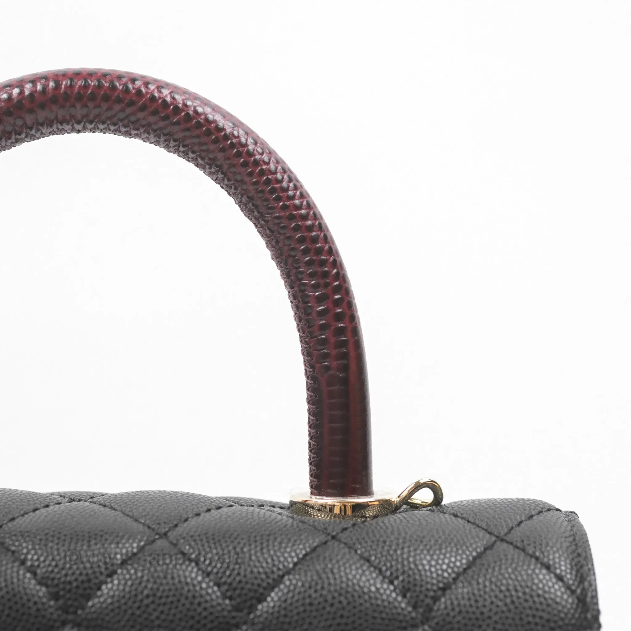 Chanel Small Coco Handle Quilted Black Caviar Gold Hardware Embossed Lizard Handle
