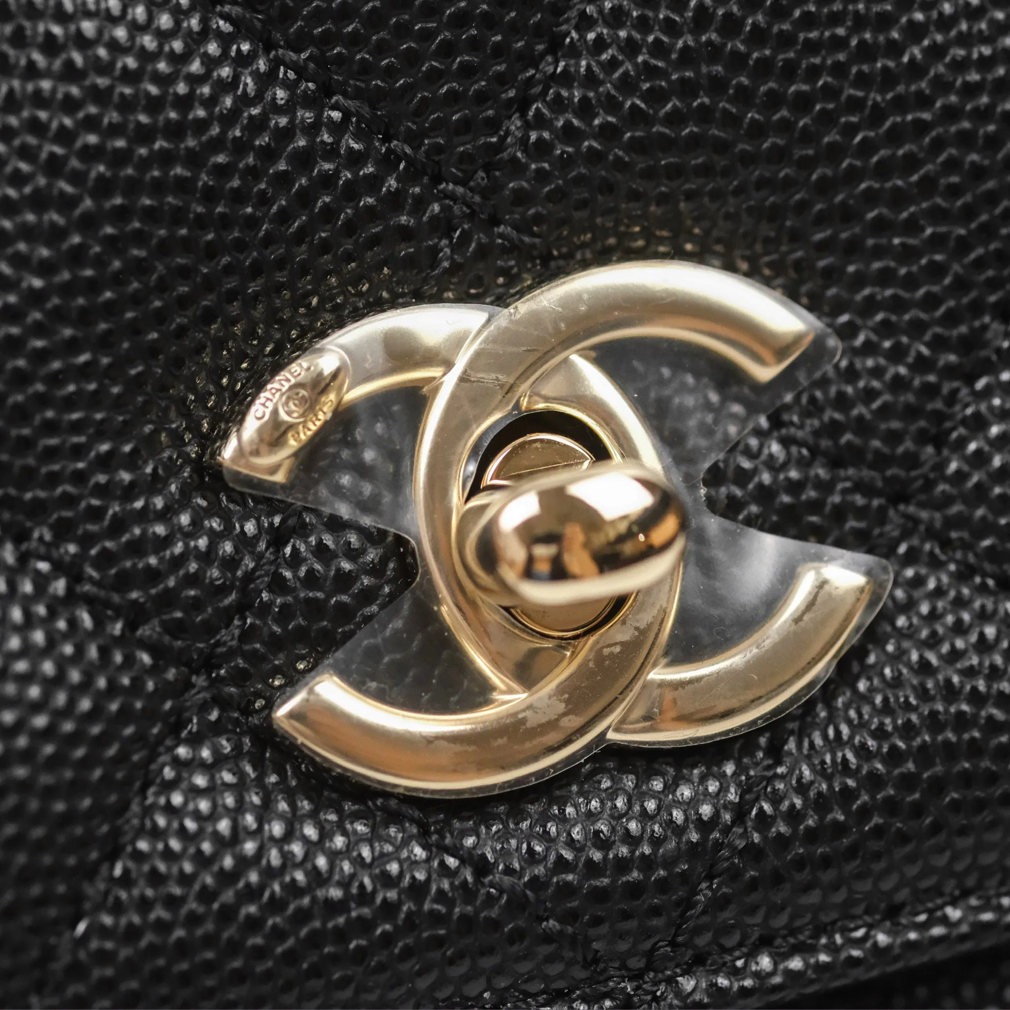 Chanel Small Coco Handle Quilted Black Caviar Gold Hardware Embossed Lizard Handle
