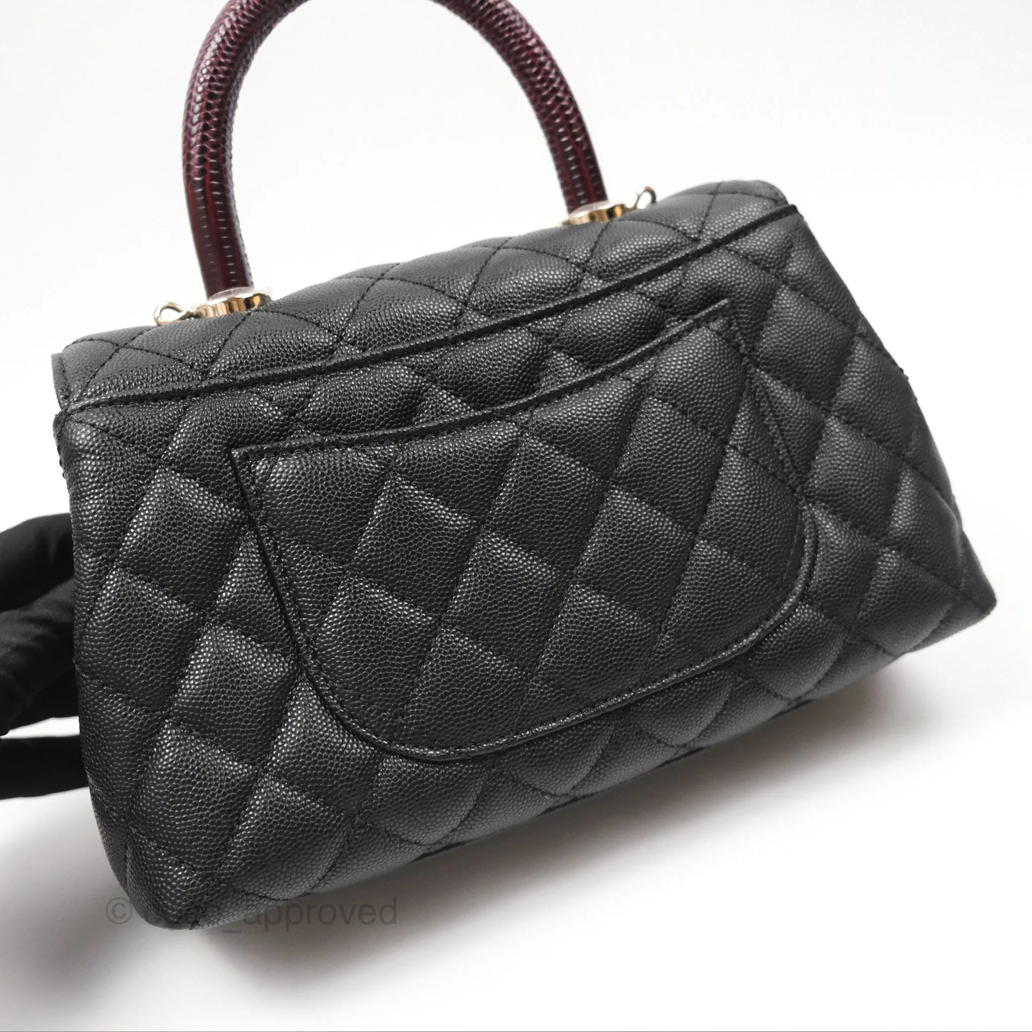 Chanel Small Coco Handle Quilted Black Caviar Gold Hardware Embossed Lizard Handle