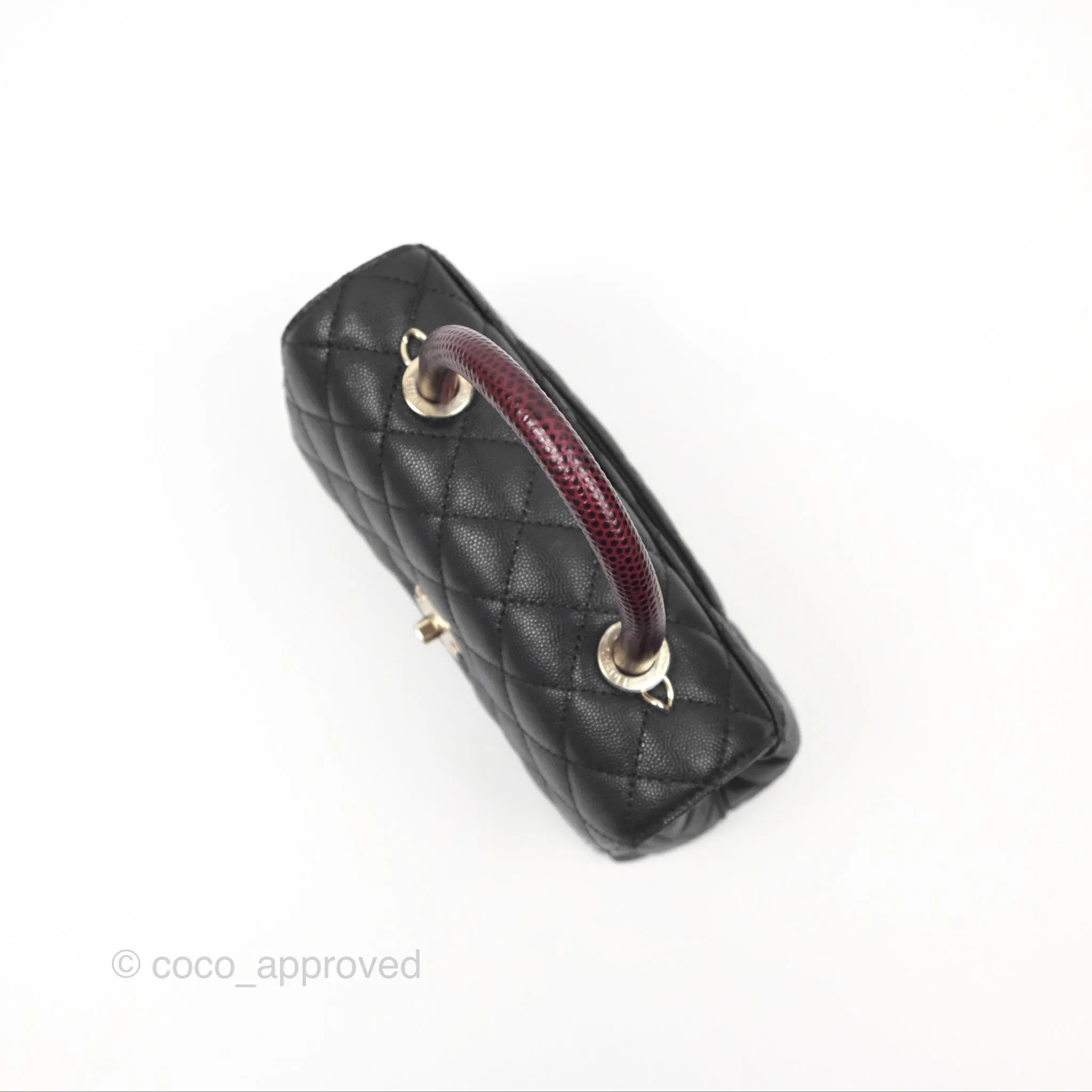 Chanel Small Coco Handle Quilted Black Caviar Gold Hardware Embossed Lizard Handle