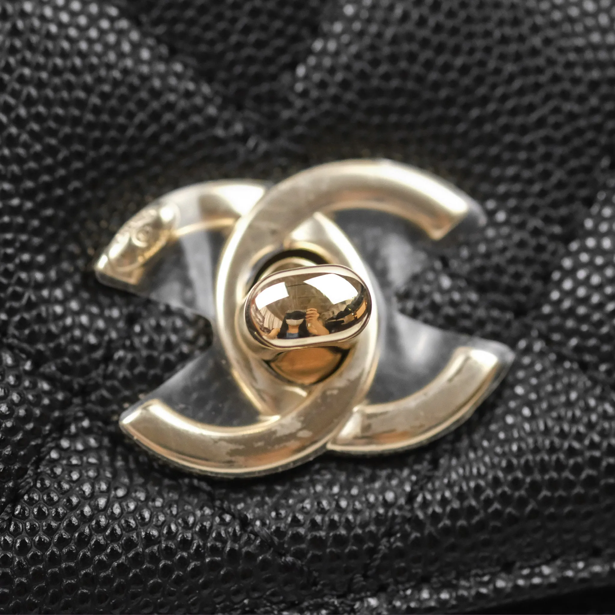 Chanel Small Coco Handle Quilted Black Caviar Gold Hardware Embossed Lizard Handle