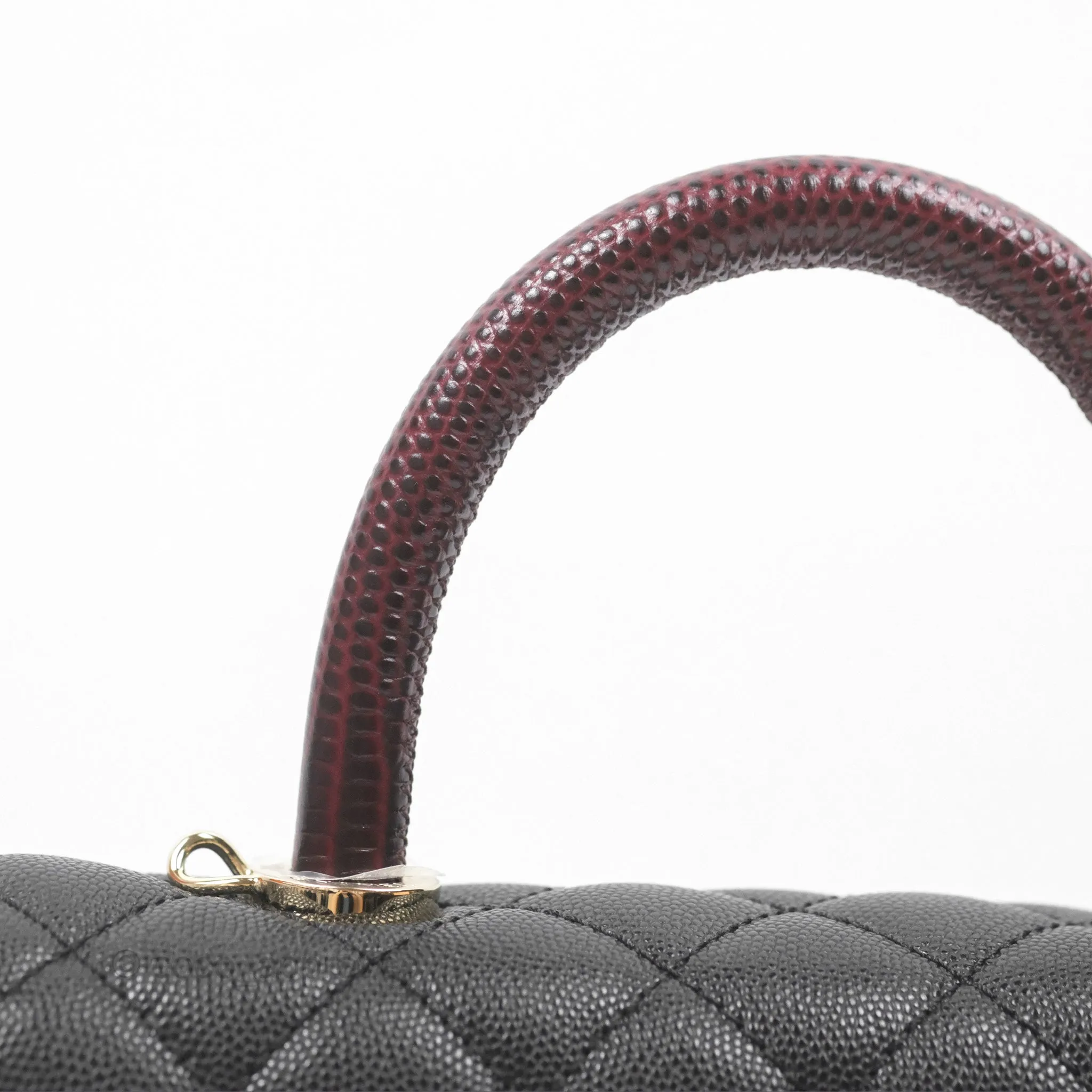 Chanel Small Coco Handle Quilted Black Caviar Gold Hardware Embossed Lizard Handle