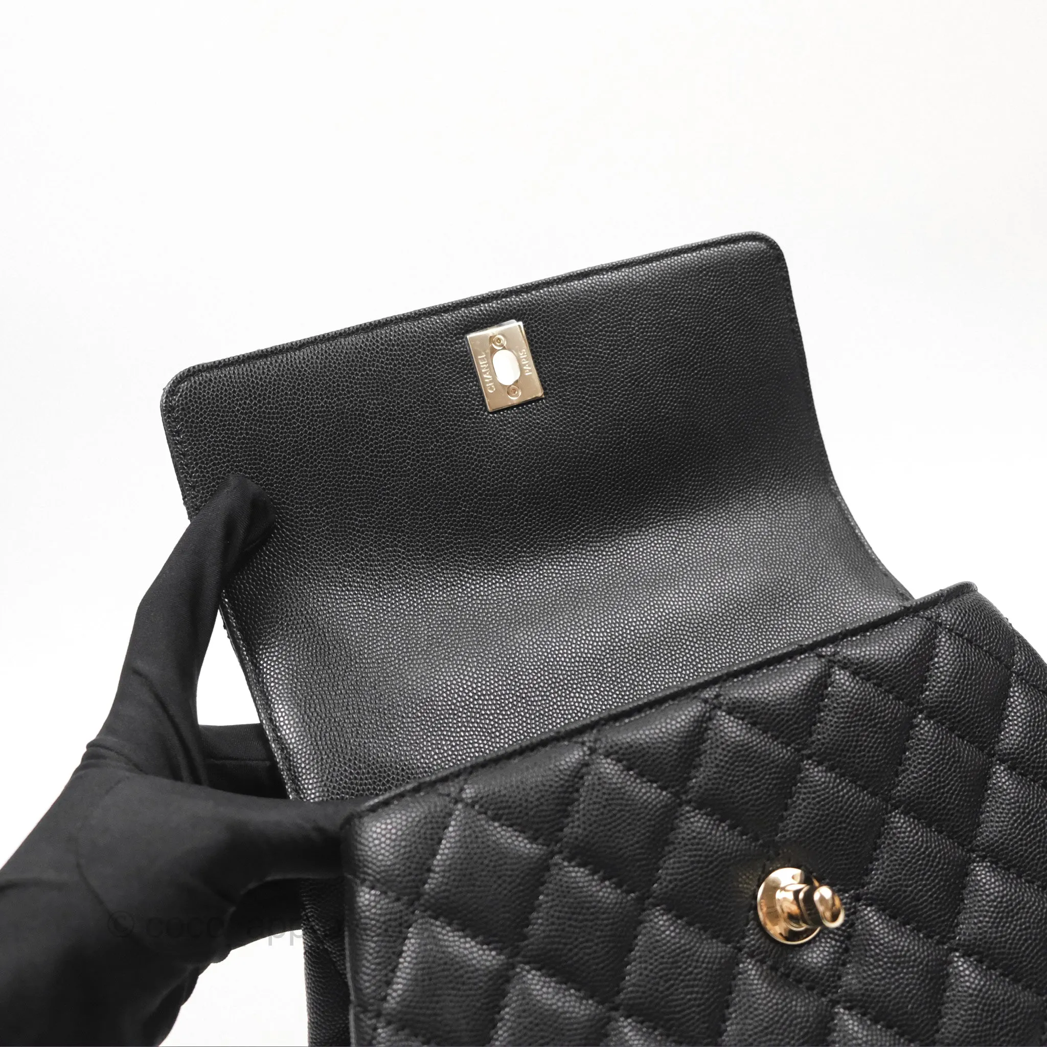 Chanel Small Coco Handle Quilted Black Caviar Gold Hardware Embossed Lizard Handle