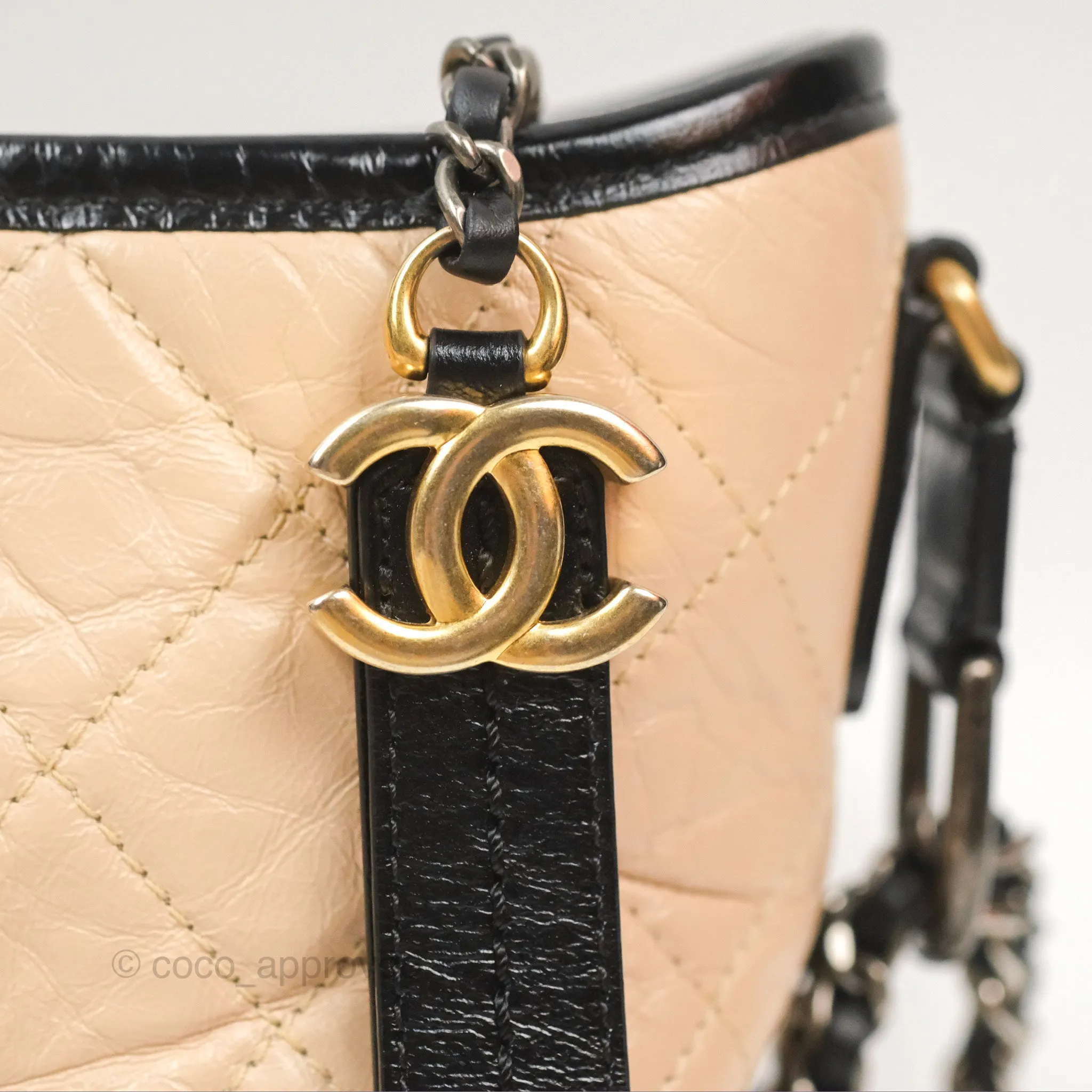 Chanel Small Gabrielle Hobo Quilted Beige Black Aged Calfskin