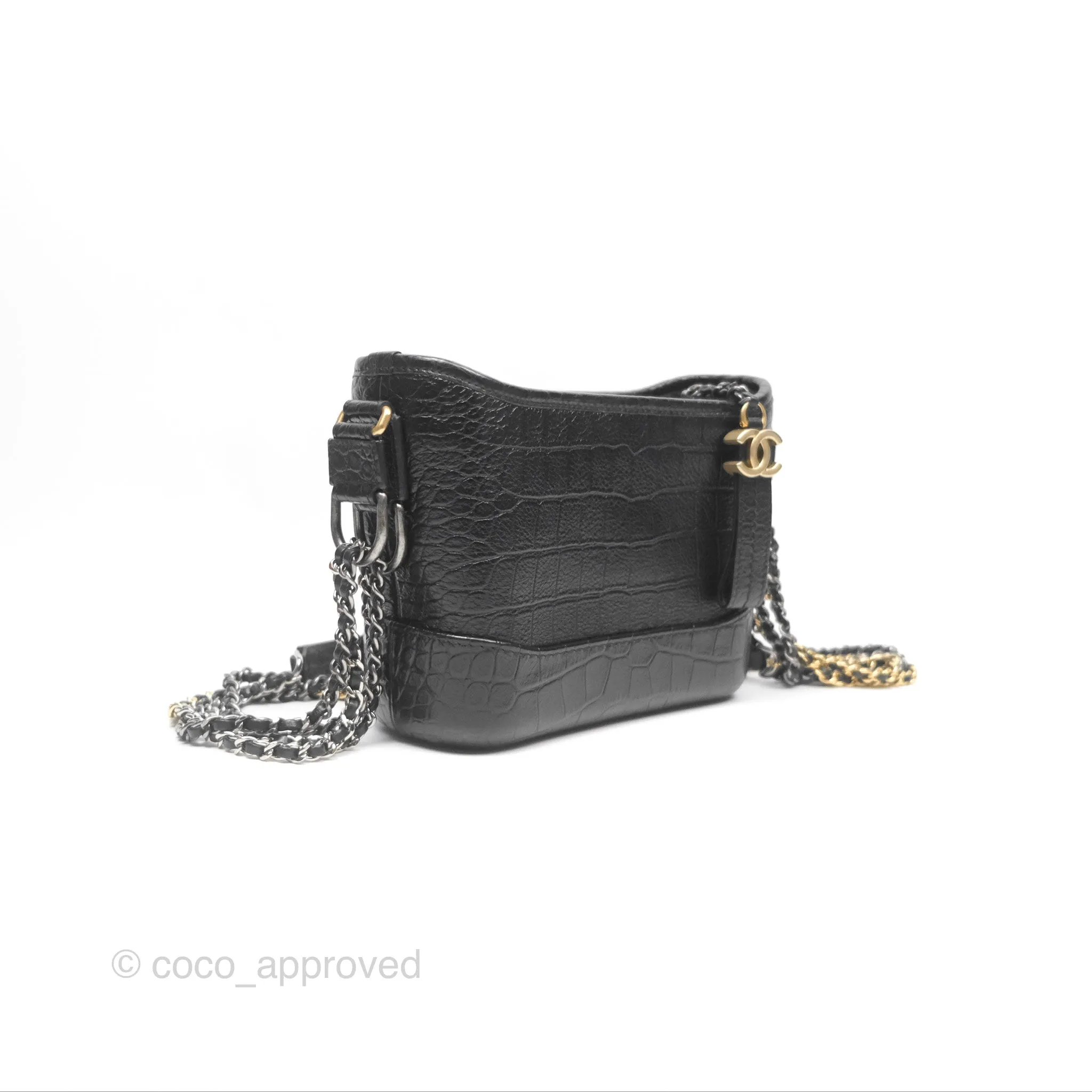 Chanel Small Gabrielle Hobo with Logo Handle Quilted Black Croc Embossed Calfskin