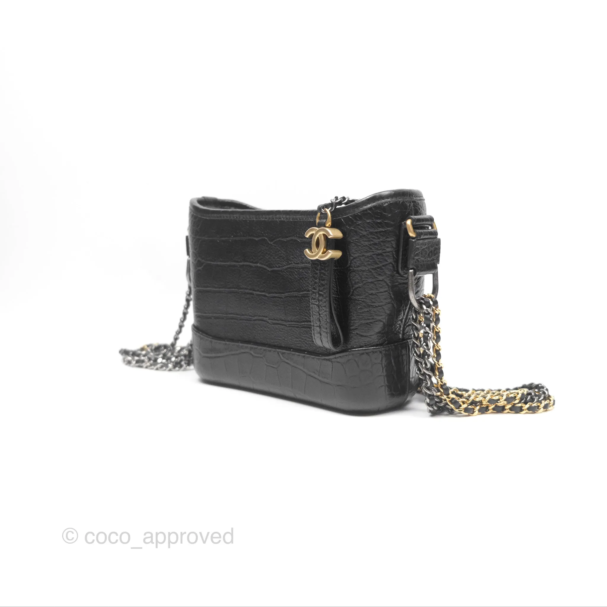 Chanel Small Gabrielle Hobo with Logo Handle Quilted Black Croc Embossed Calfskin