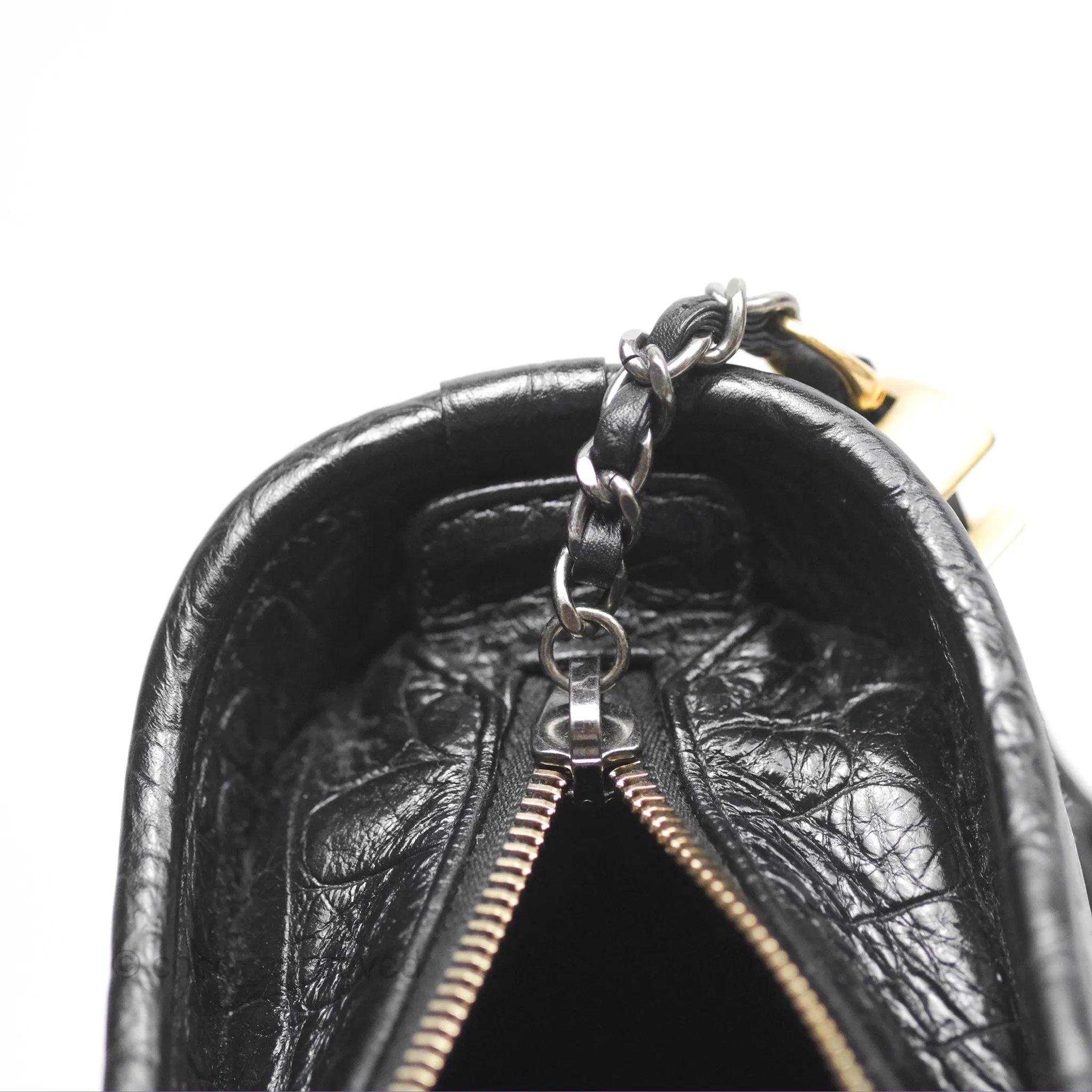 Chanel Small Gabrielle Hobo with Logo Handle Quilted Black Croc Embossed Calfskin
