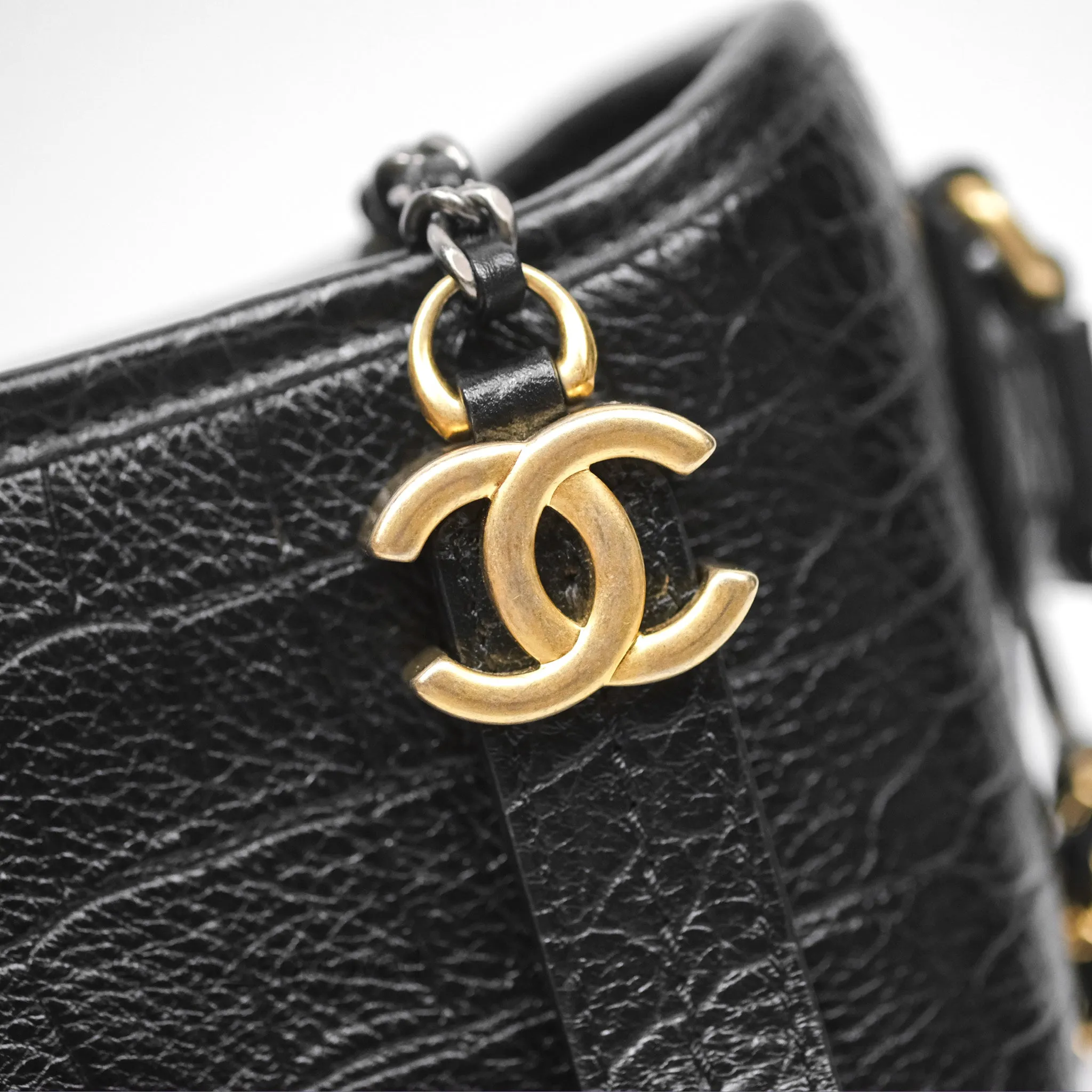 Chanel Small Gabrielle Hobo with Logo Handle Quilted Black Croc Embossed Calfskin