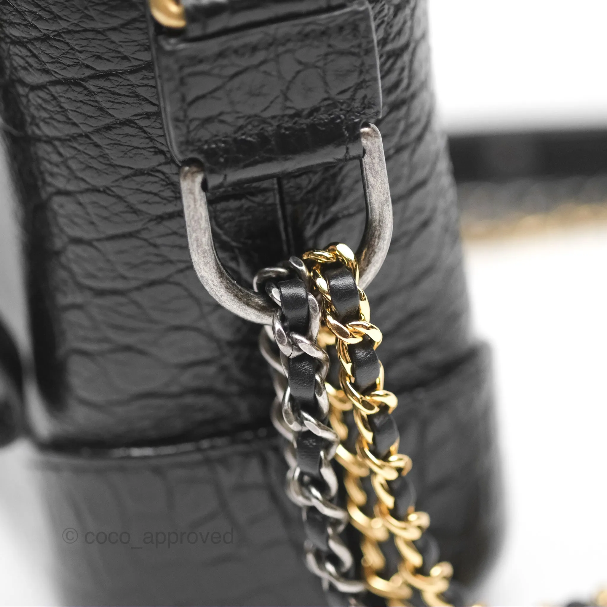 Chanel Small Gabrielle Hobo with Logo Handle Quilted Black Croc Embossed Calfskin