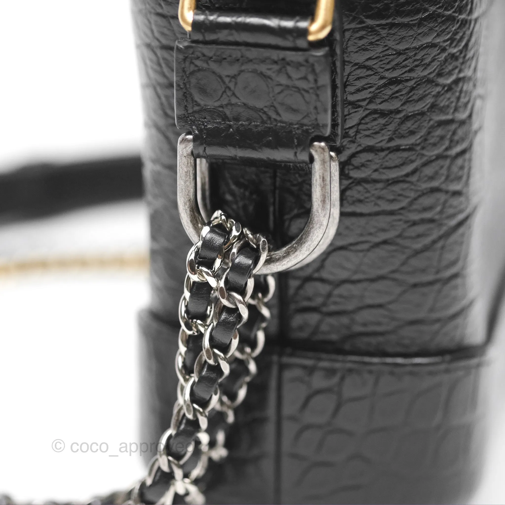 Chanel Small Gabrielle Hobo with Logo Handle Quilted Black Croc Embossed Calfskin