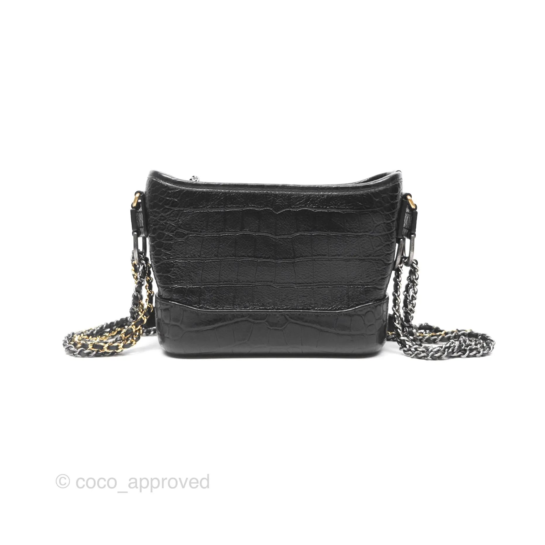 Chanel Small Gabrielle Hobo with Logo Handle Quilted Black Croc Embossed Calfskin