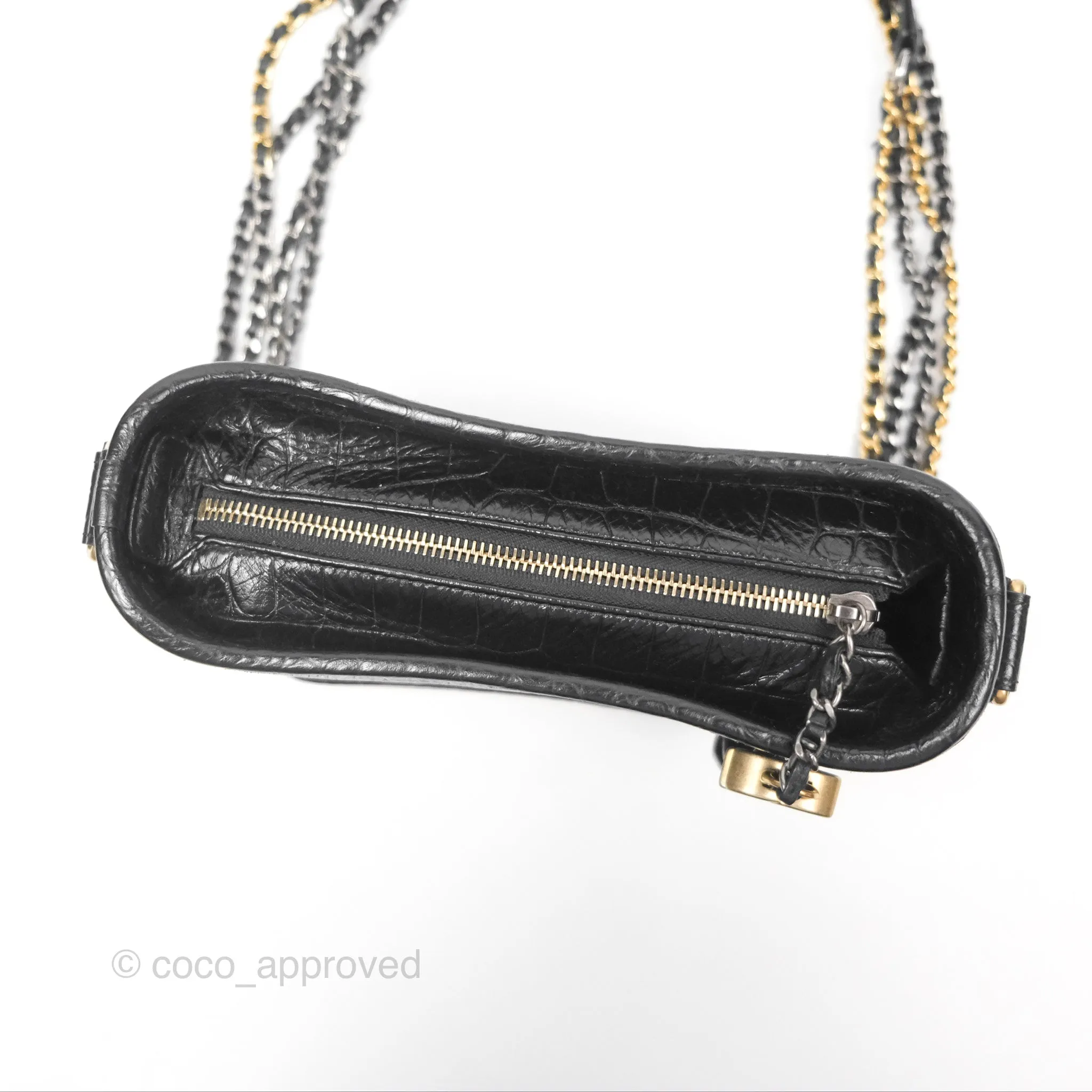 Chanel Small Gabrielle Hobo with Logo Handle Quilted Black Croc Embossed Calfskin