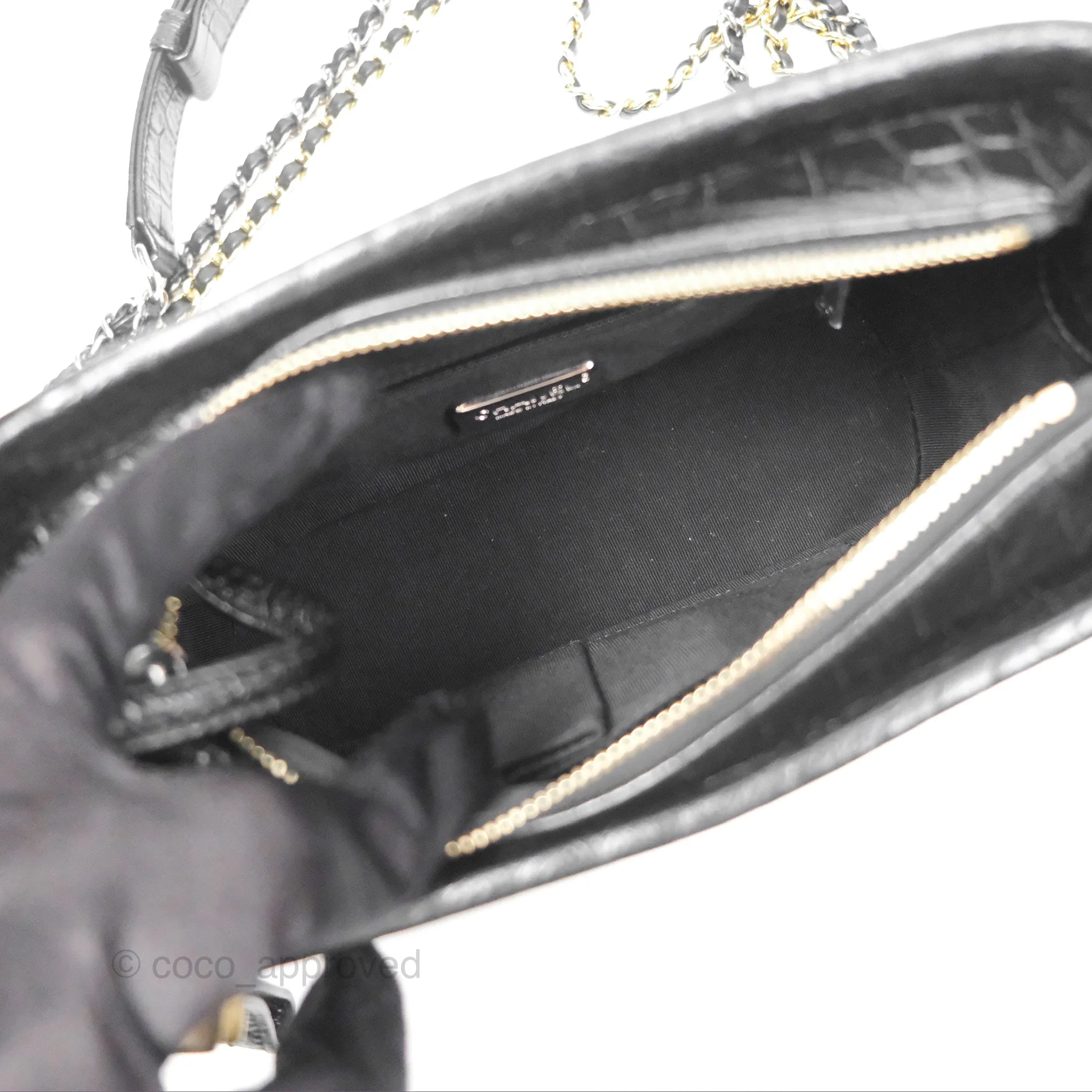 Chanel Small Gabrielle Hobo with Logo Handle Quilted Black Croc Embossed Calfskin