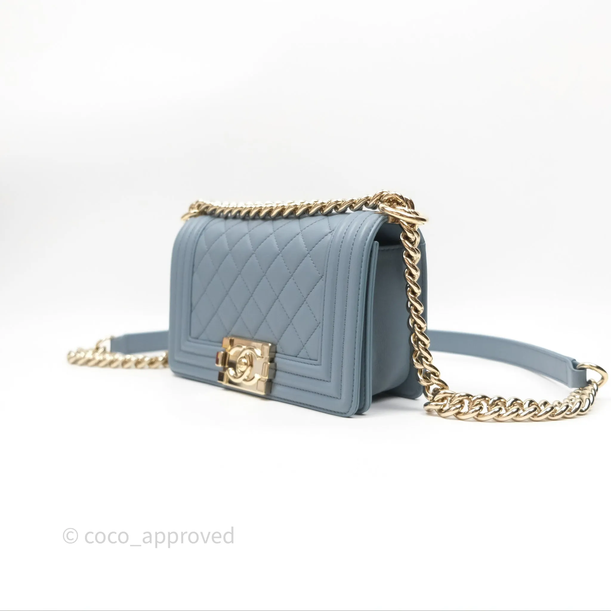Chanel Small Quilted Boy Dusty Blue Lambskin Gold Hardware