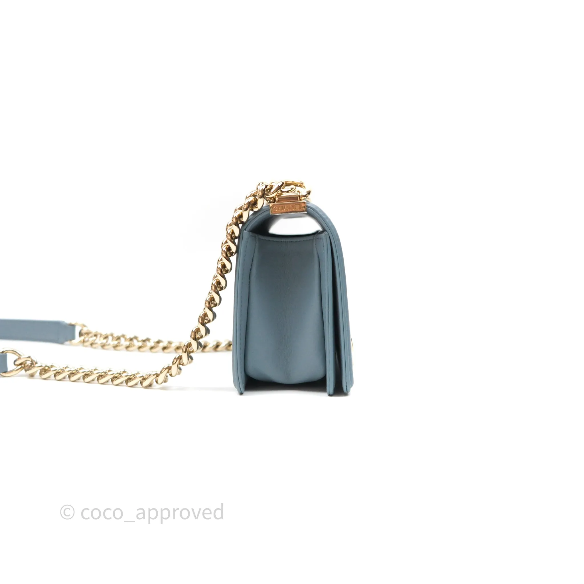 Chanel Small Quilted Boy Dusty Blue Lambskin Gold Hardware