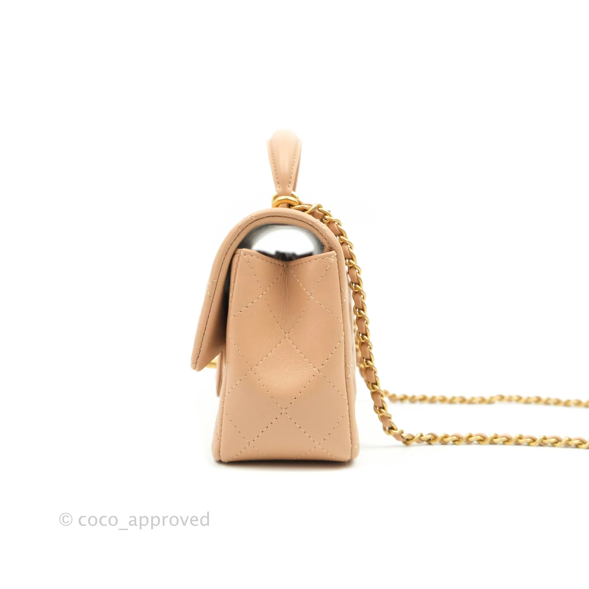 Chanel Top Handle Mini Rectangular Flap Bag Beige Lambskin Aged Gold Hardware