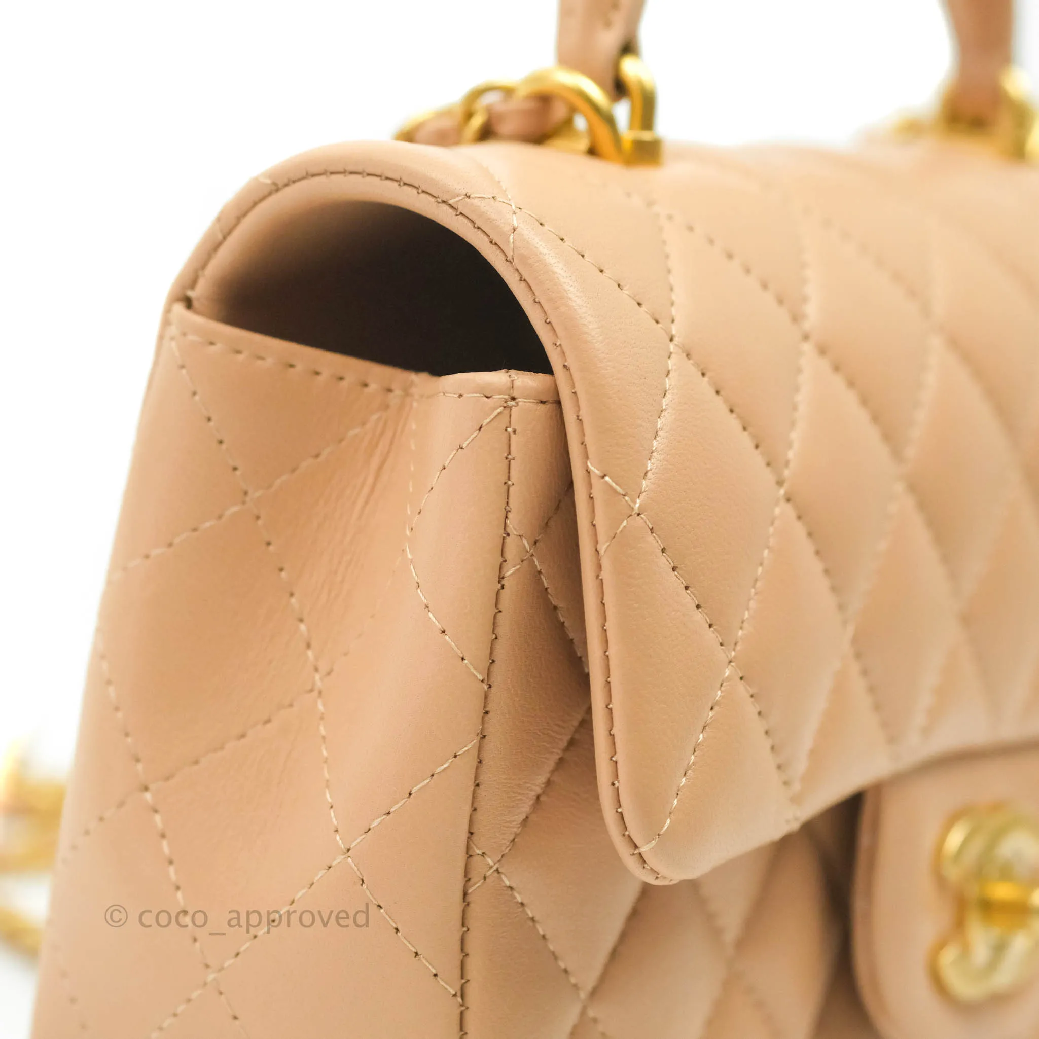 Chanel Top Handle Mini Rectangular Flap Bag Beige Lambskin Aged Gold Hardware