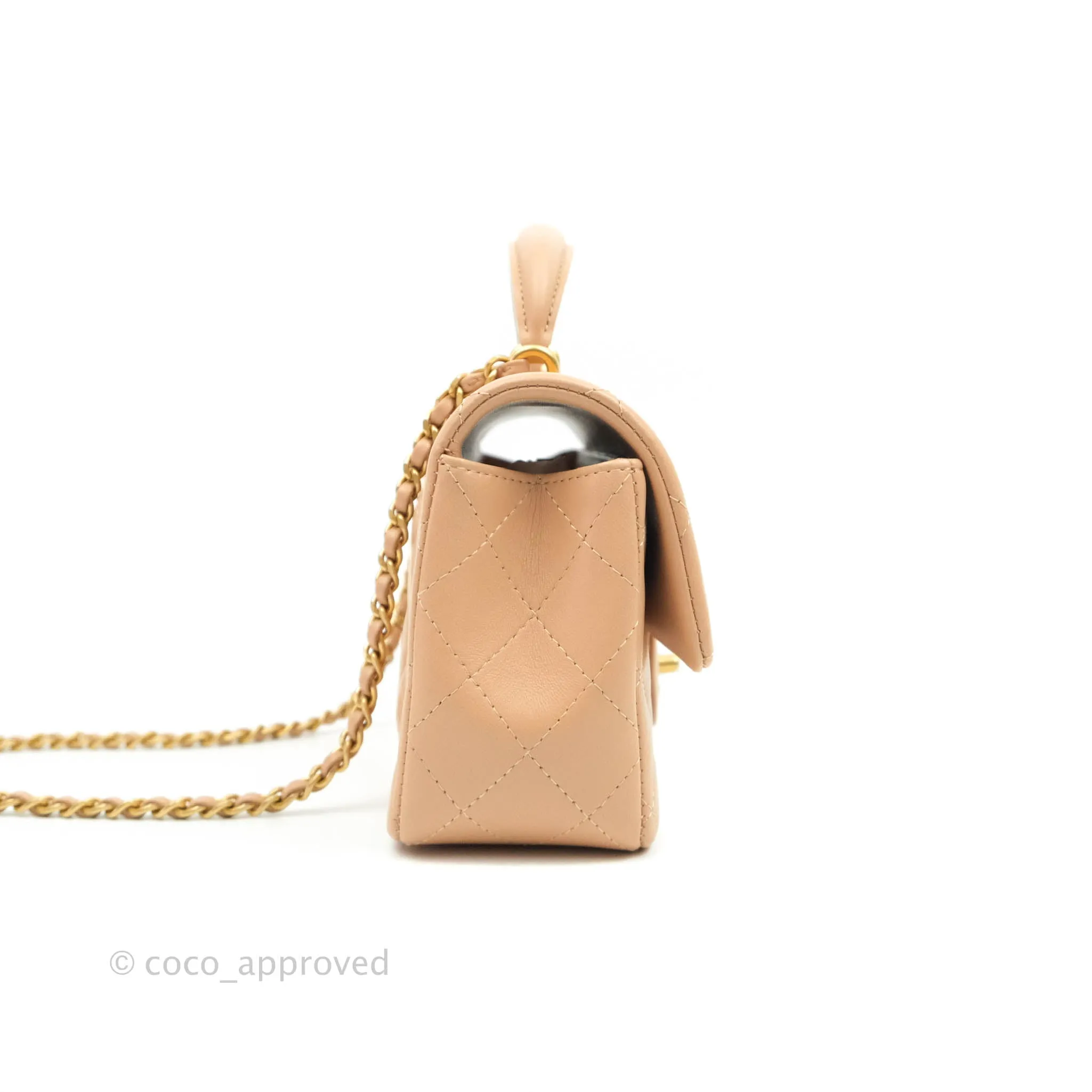 Chanel Top Handle Mini Rectangular Flap Bag Beige Lambskin Aged Gold Hardware