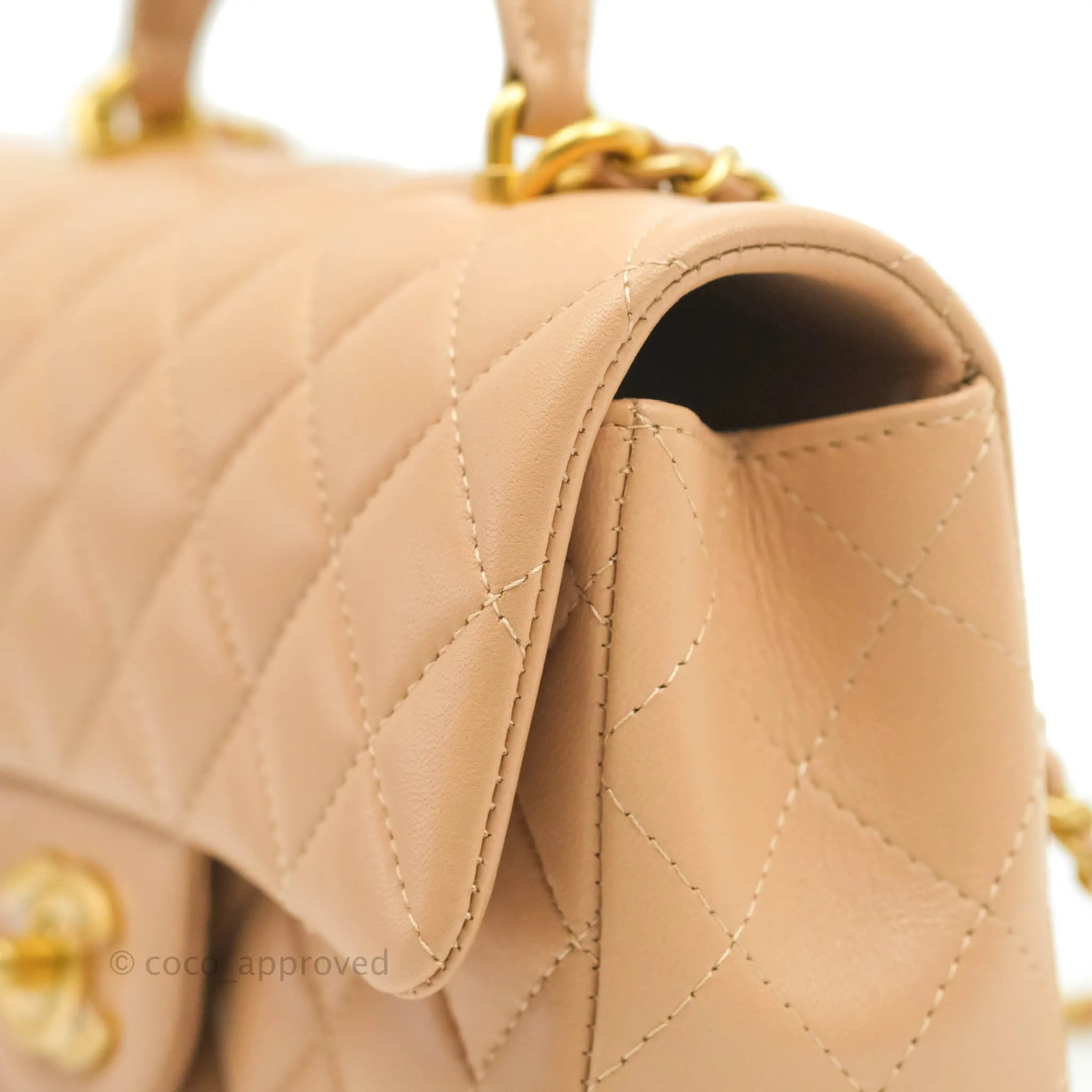 Chanel Top Handle Mini Rectangular Flap Bag Beige Lambskin Aged Gold Hardware