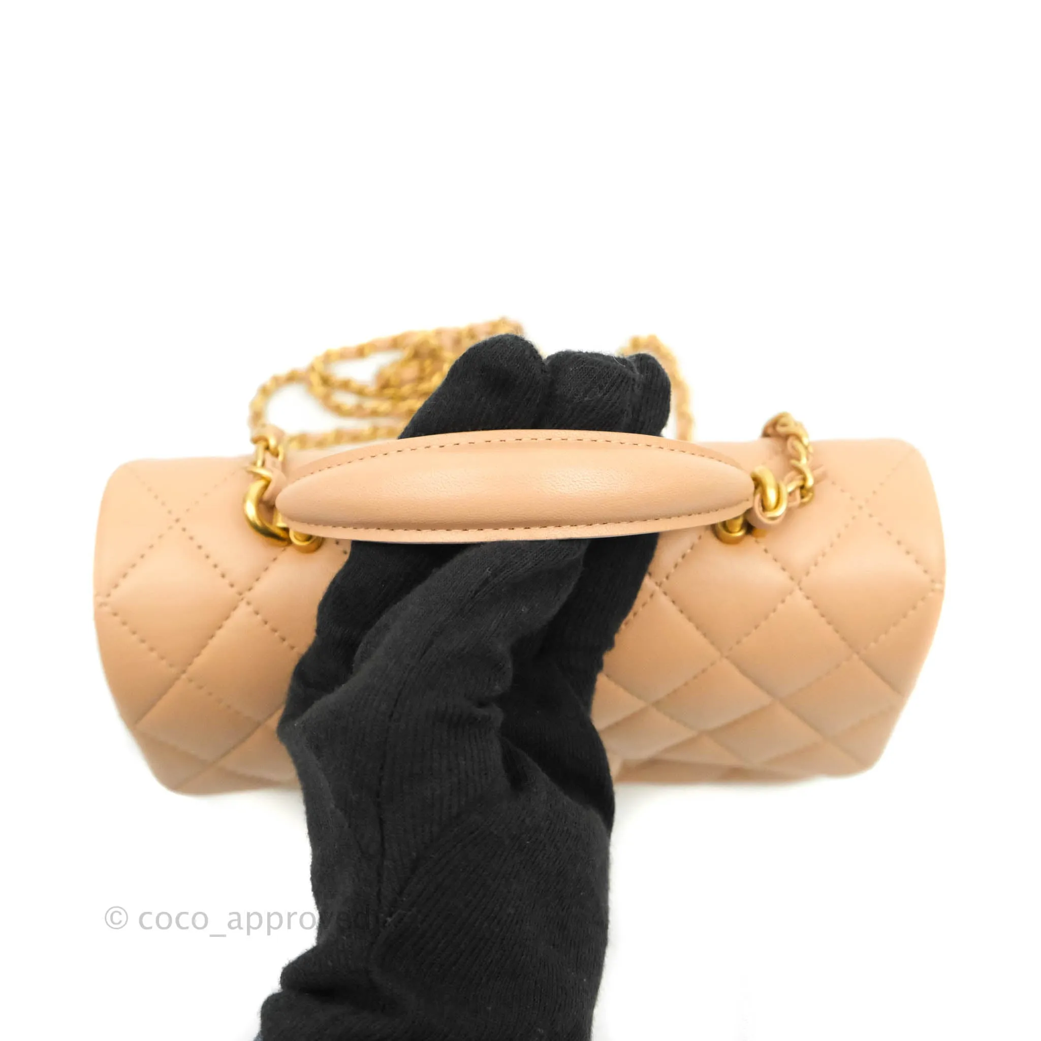 Chanel Top Handle Mini Rectangular Flap Bag Beige Lambskin Aged Gold Hardware