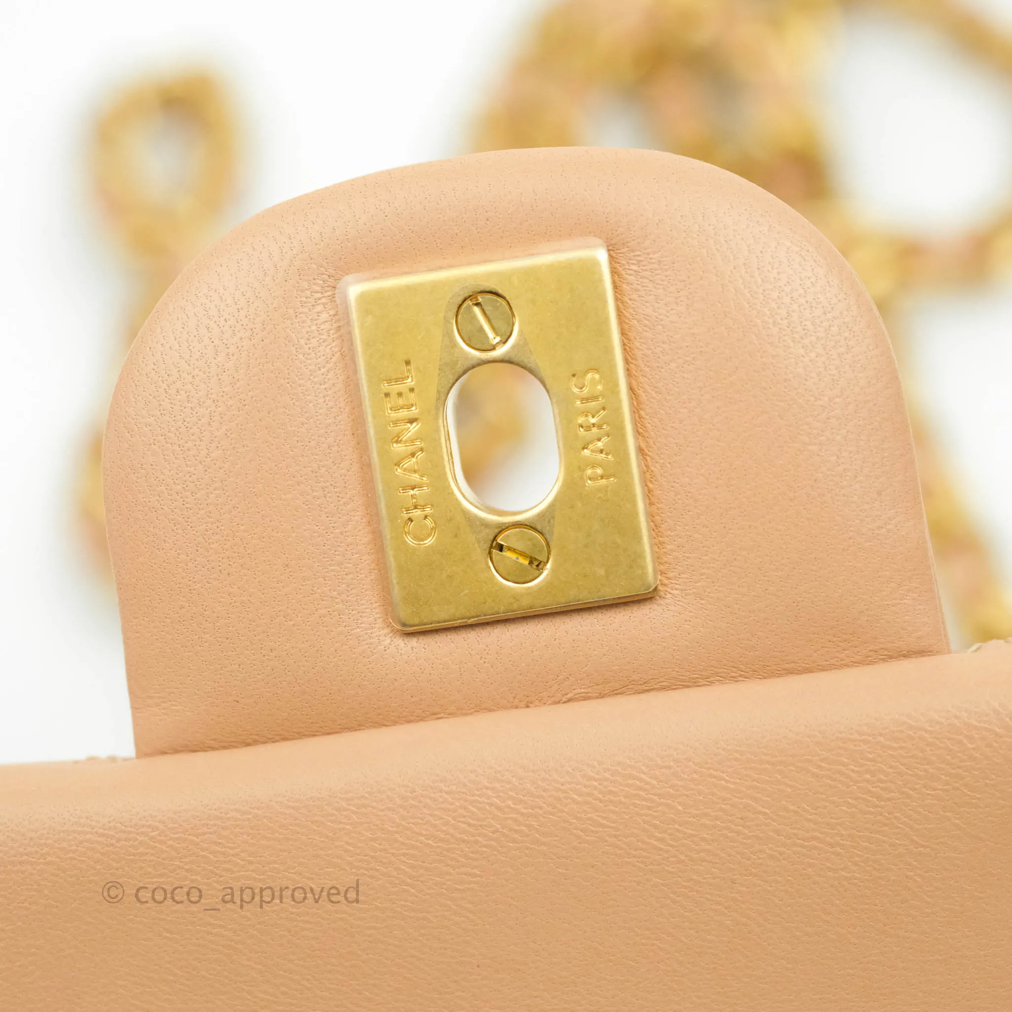 Chanel Top Handle Mini Rectangular Flap Bag Beige Lambskin Aged Gold Hardware