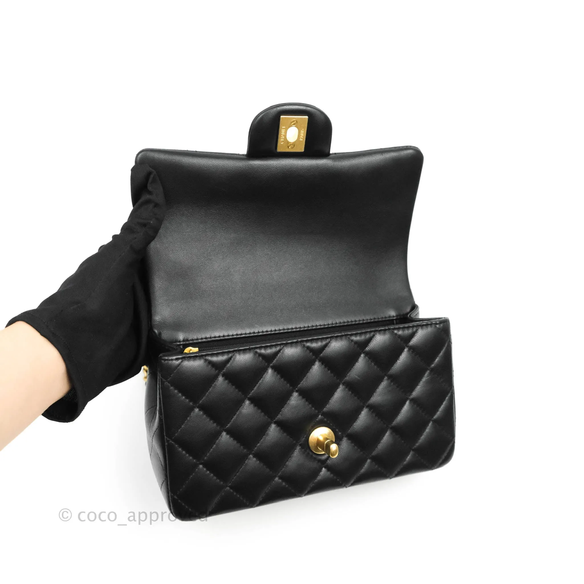 Chanel Top Handle Mini Rectangular Flap Bag Black Lambskin Aged Gold Hardware