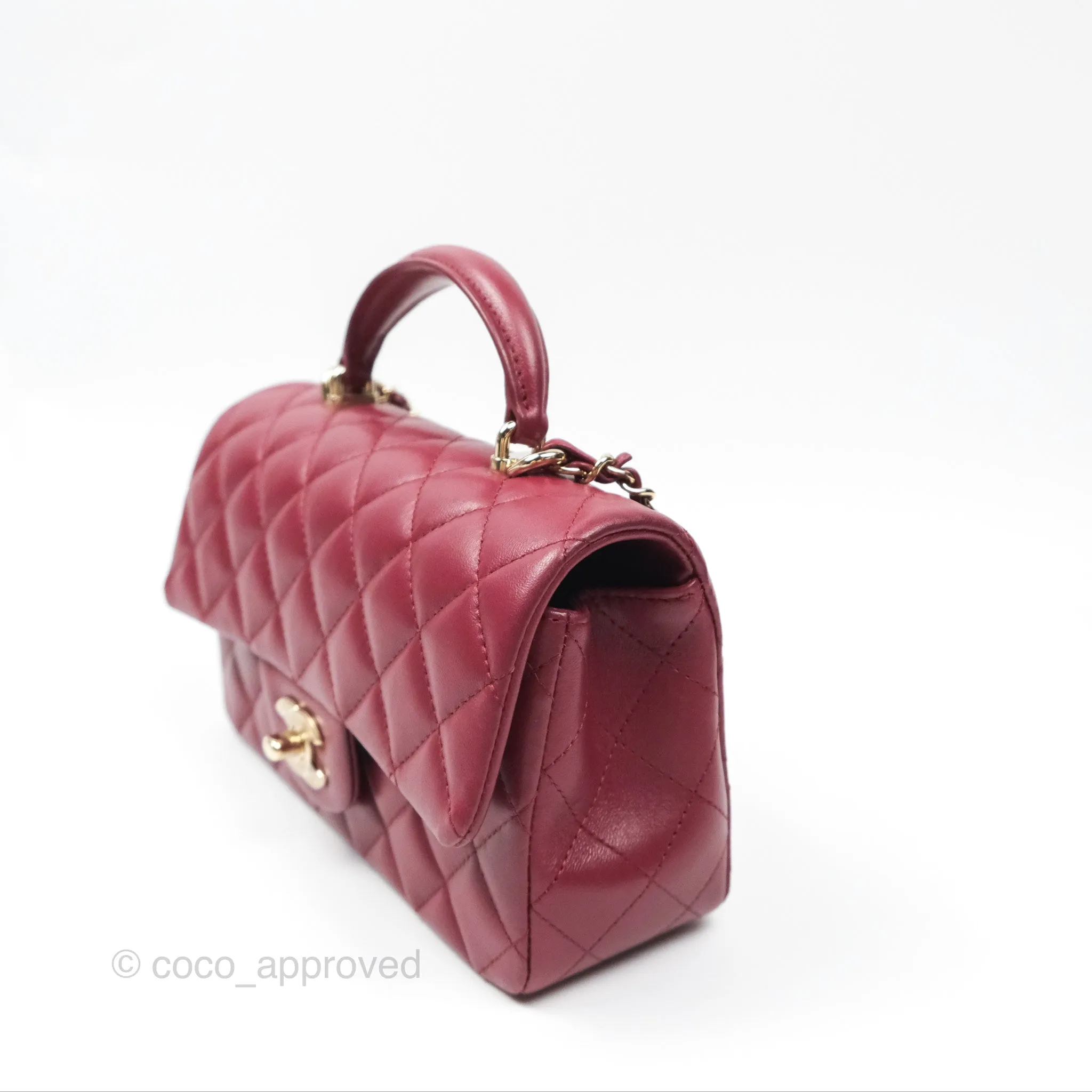 Chanel Top Handle Mini Rectangular Flap Bag Burgundy Red Lambskin Gold Hardware