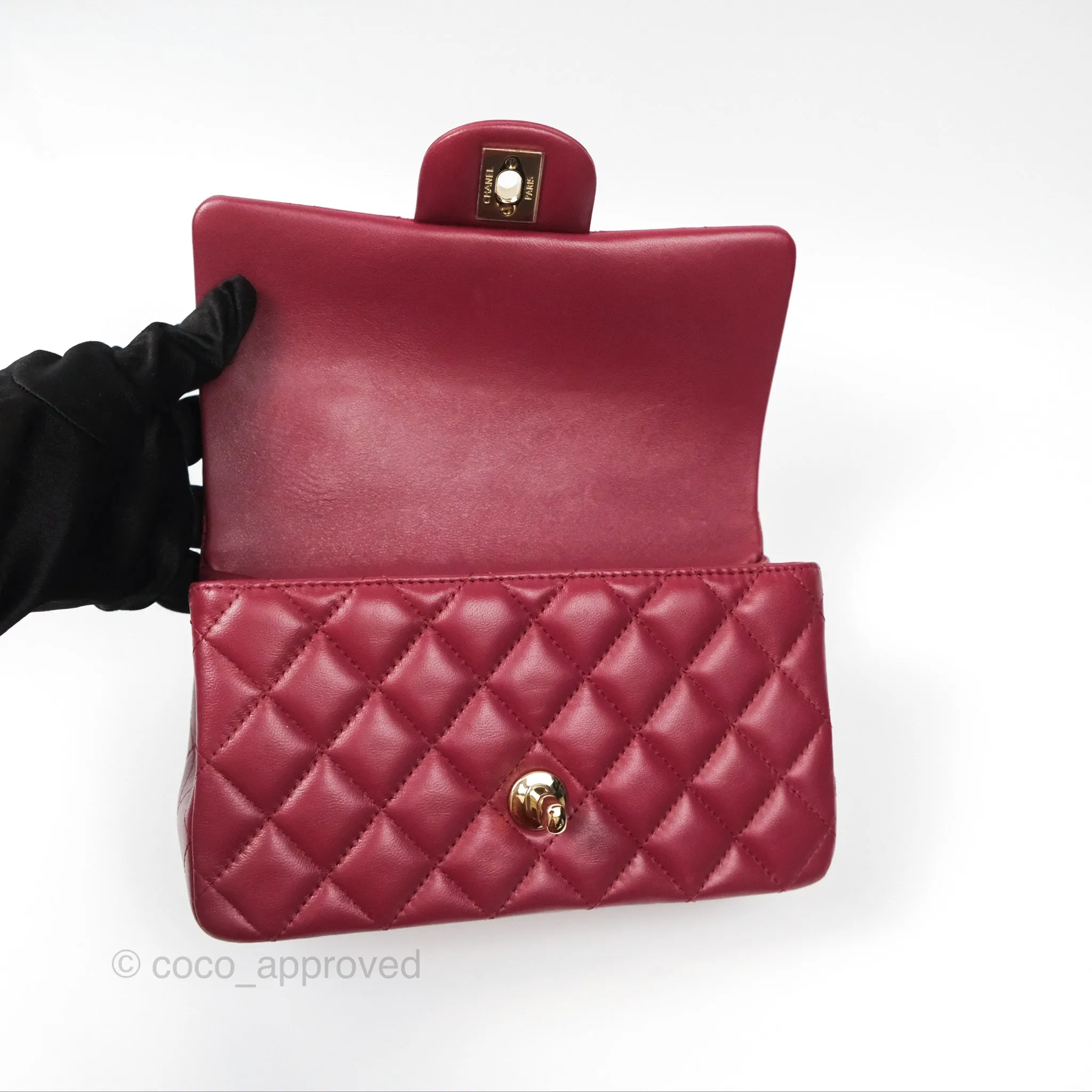 Chanel Top Handle Mini Rectangular Flap Bag Burgundy Red Lambskin Gold Hardware