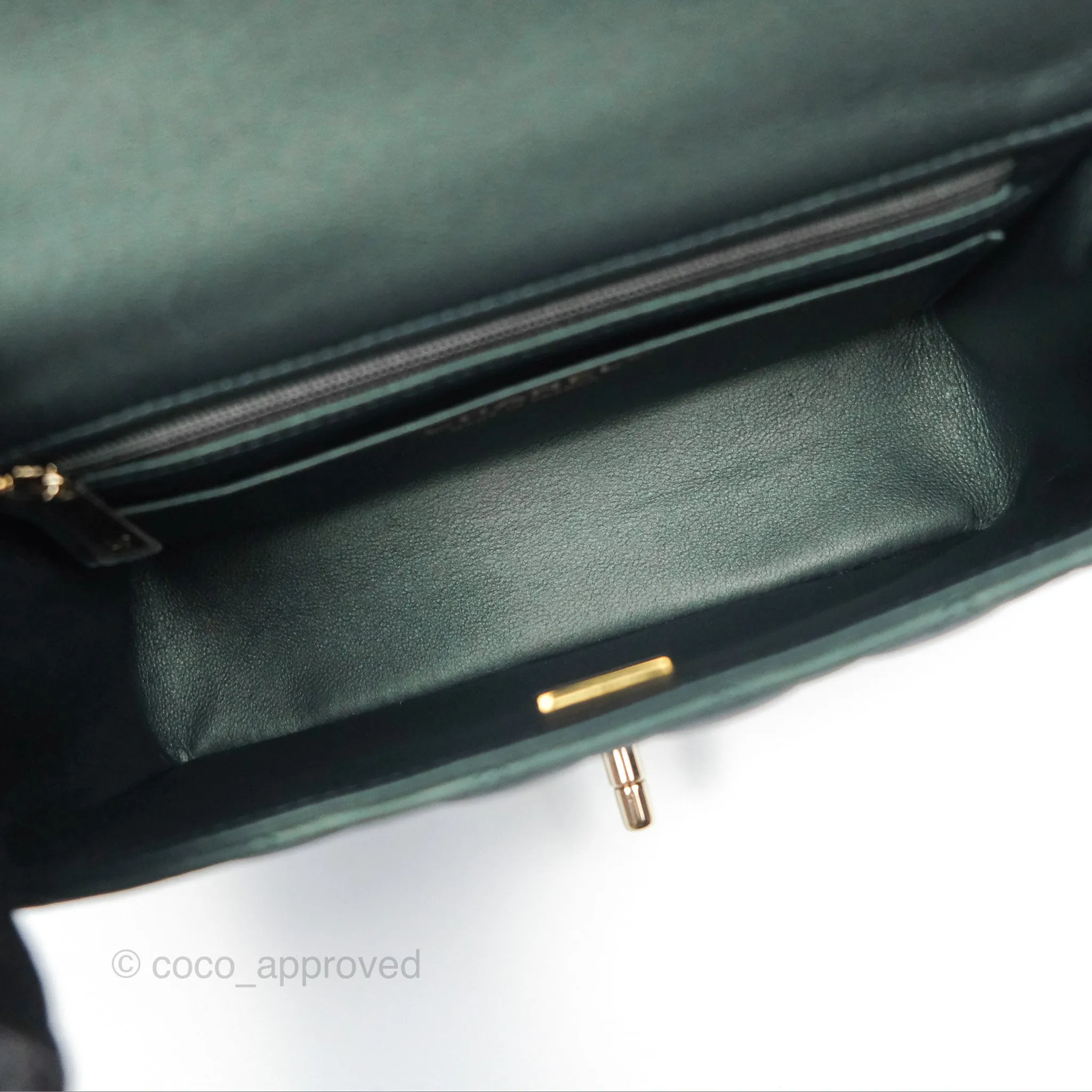 Chanel Top Handle Mini Rectangular Flap Bag Iridescent Dark Green Lambskin Gold Hardware