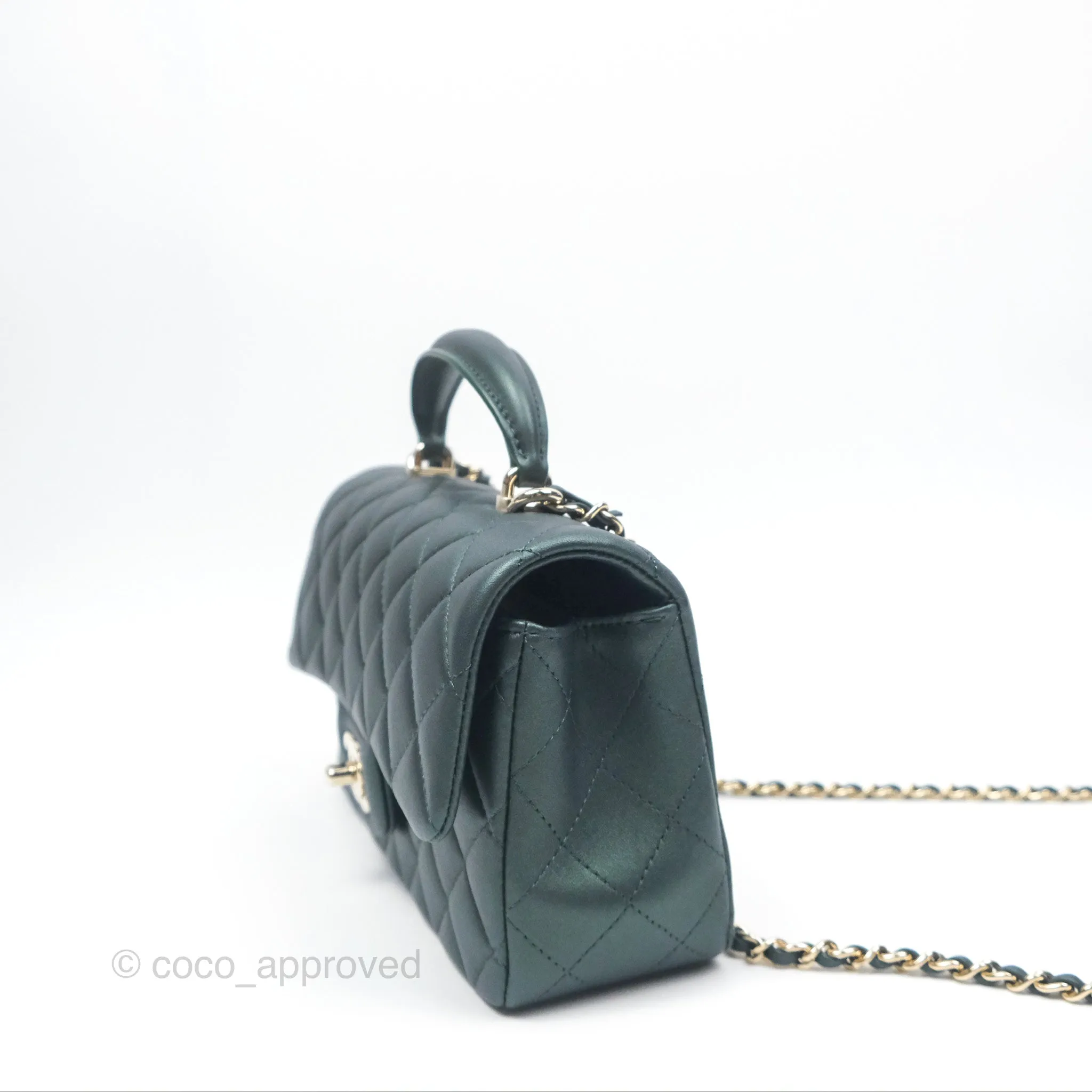 Chanel Top Handle Mini Rectangular Flap Bag Iridescent Dark Green Lambskin Gold Hardware
