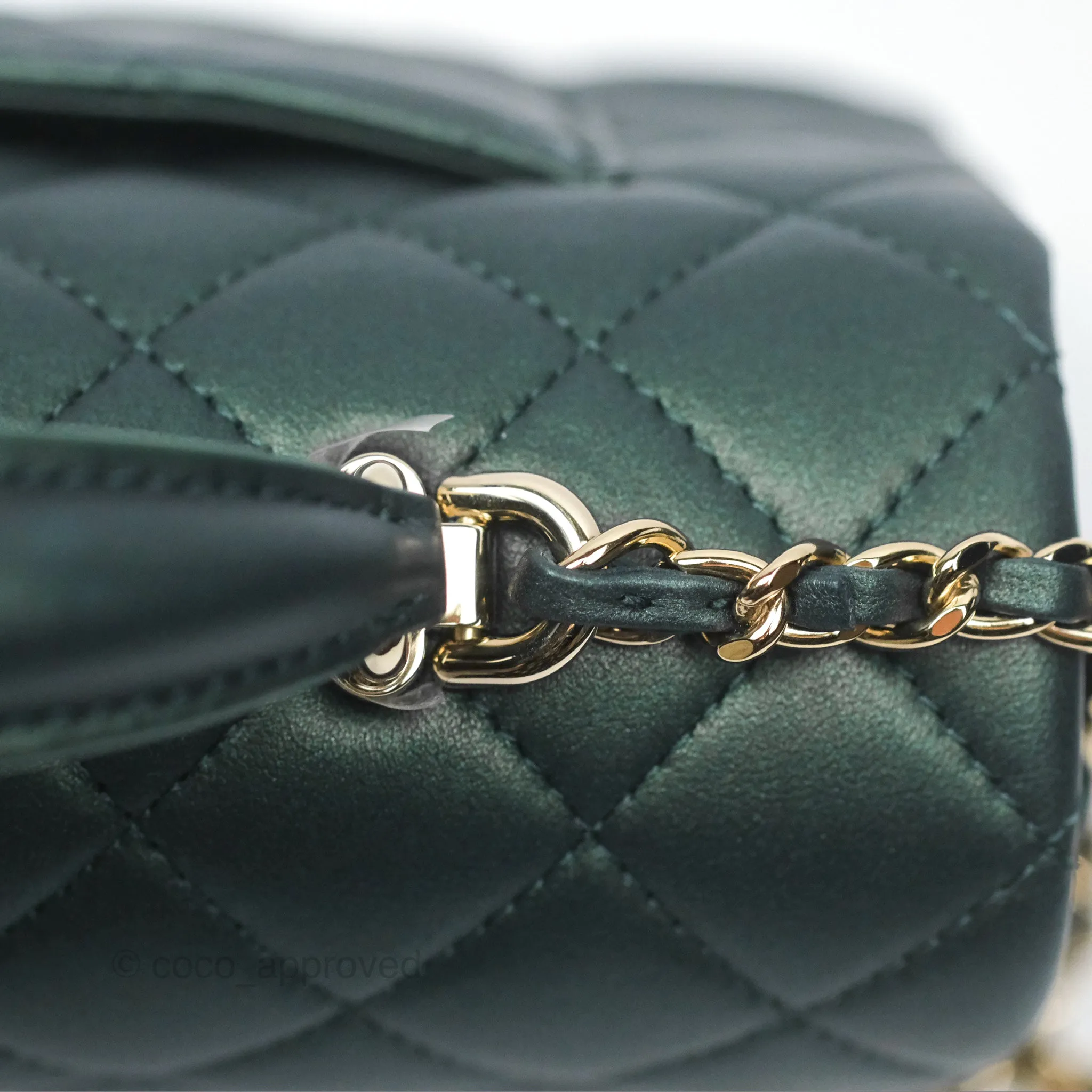 Chanel Top Handle Mini Rectangular Flap Bag Iridescent Dark Green Lambskin Gold Hardware