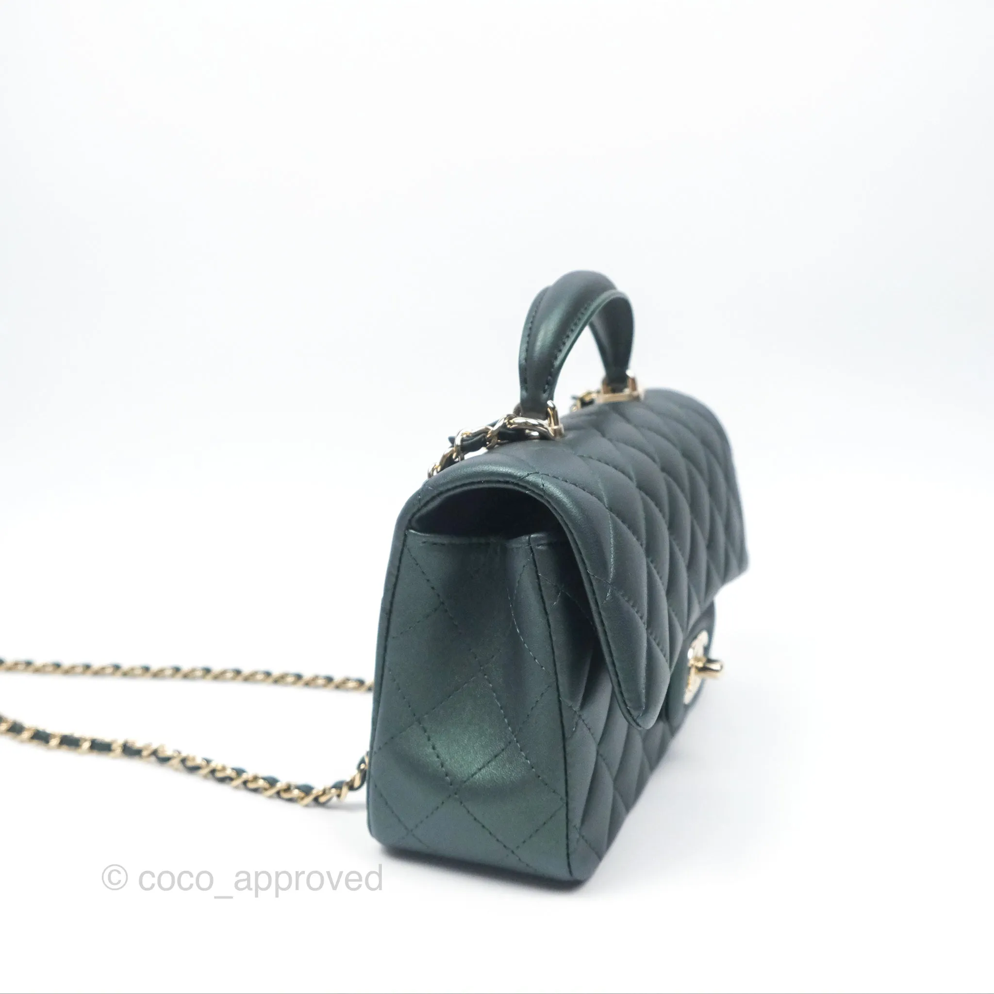 Chanel Top Handle Mini Rectangular Flap Bag Iridescent Dark Green Lambskin Gold Hardware
