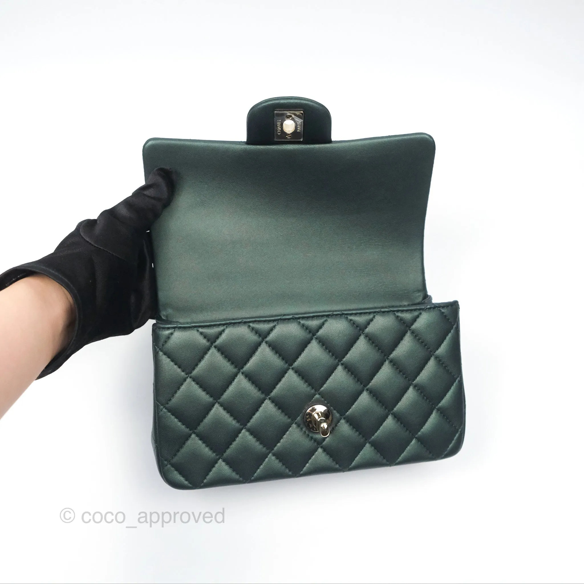 Chanel Top Handle Mini Rectangular Flap Bag Iridescent Dark Green Lambskin Gold Hardware