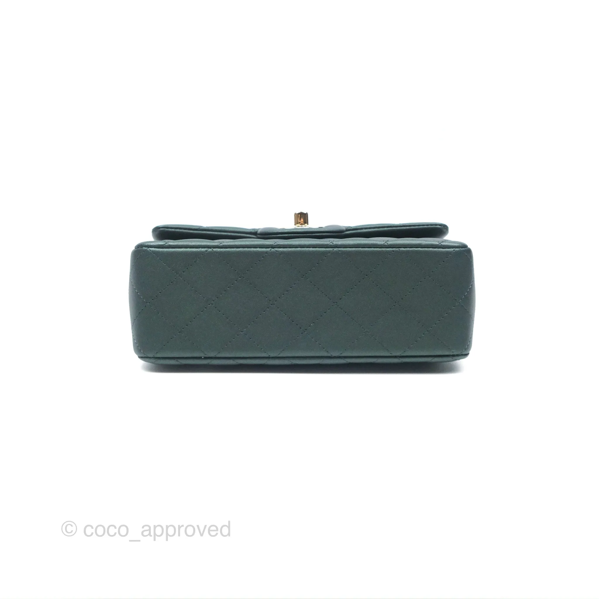 Chanel Top Handle Mini Rectangular Flap Bag Iridescent Dark Green Lambskin Gold Hardware