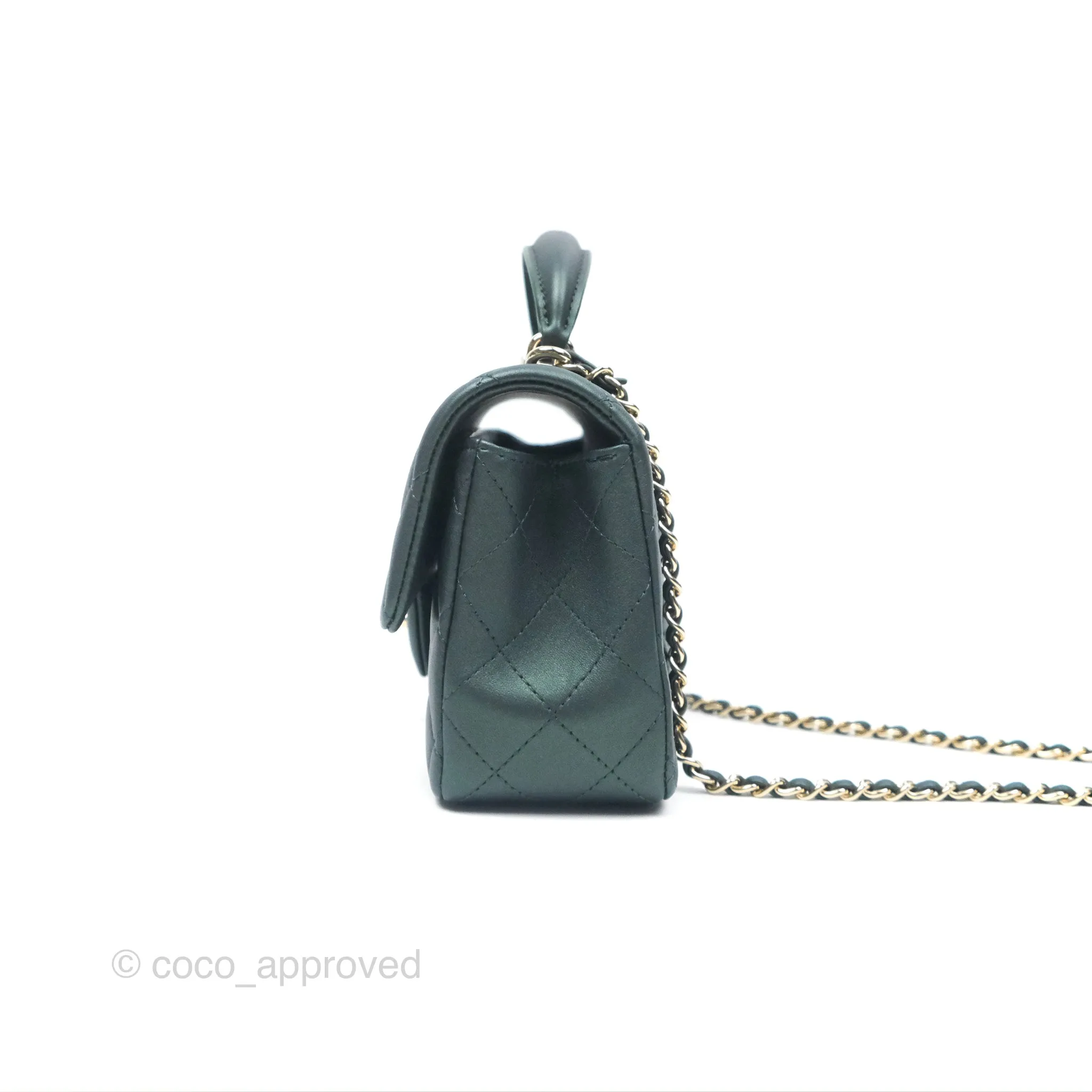 Chanel Top Handle Mini Rectangular Flap Bag Iridescent Dark Green Lambskin Gold Hardware